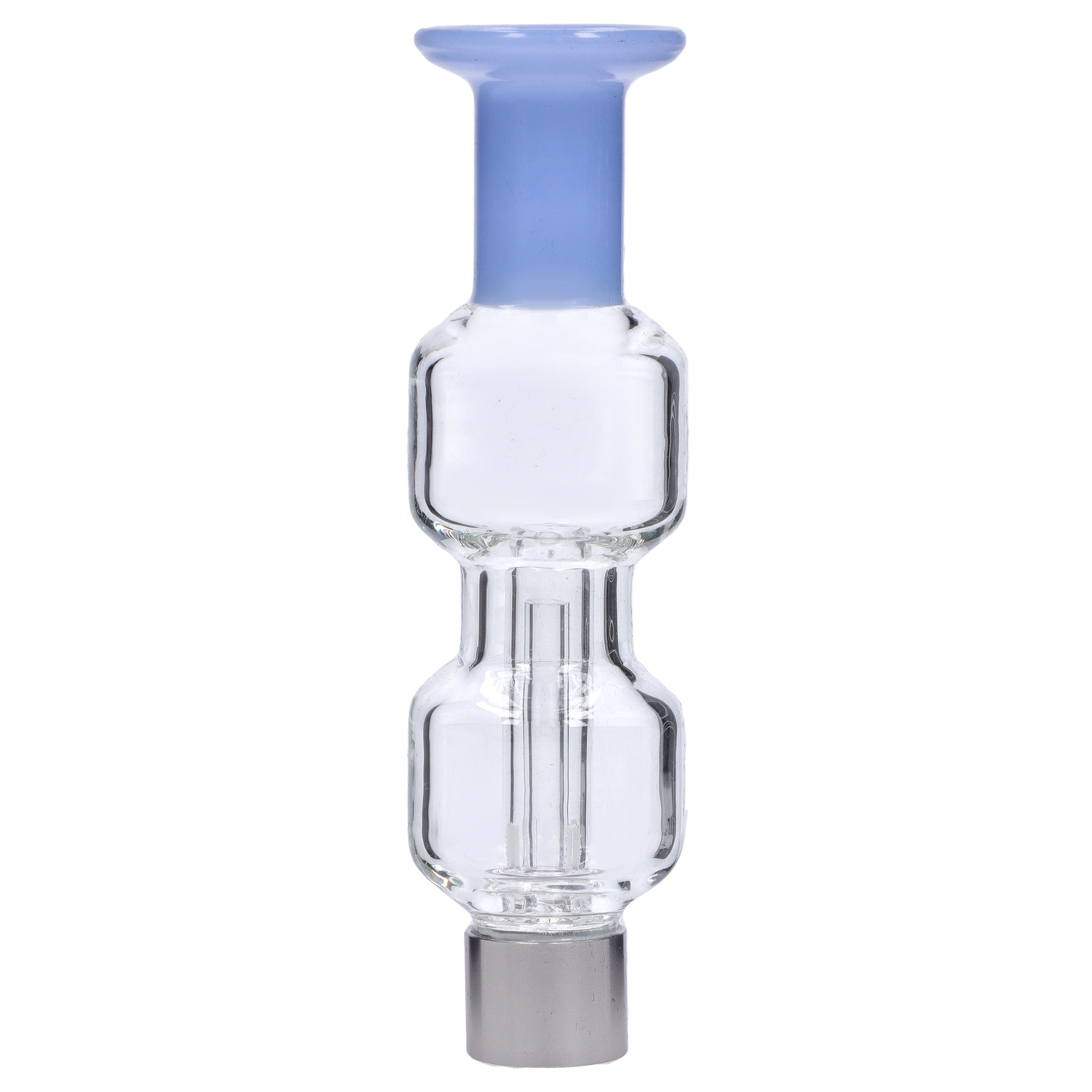 Close-up front view of the Smoke Cartel New Fire Falcon Nectar Collector - 14mm showing its clear multi-chamber glass body topped with a pale blue mouthpiece.