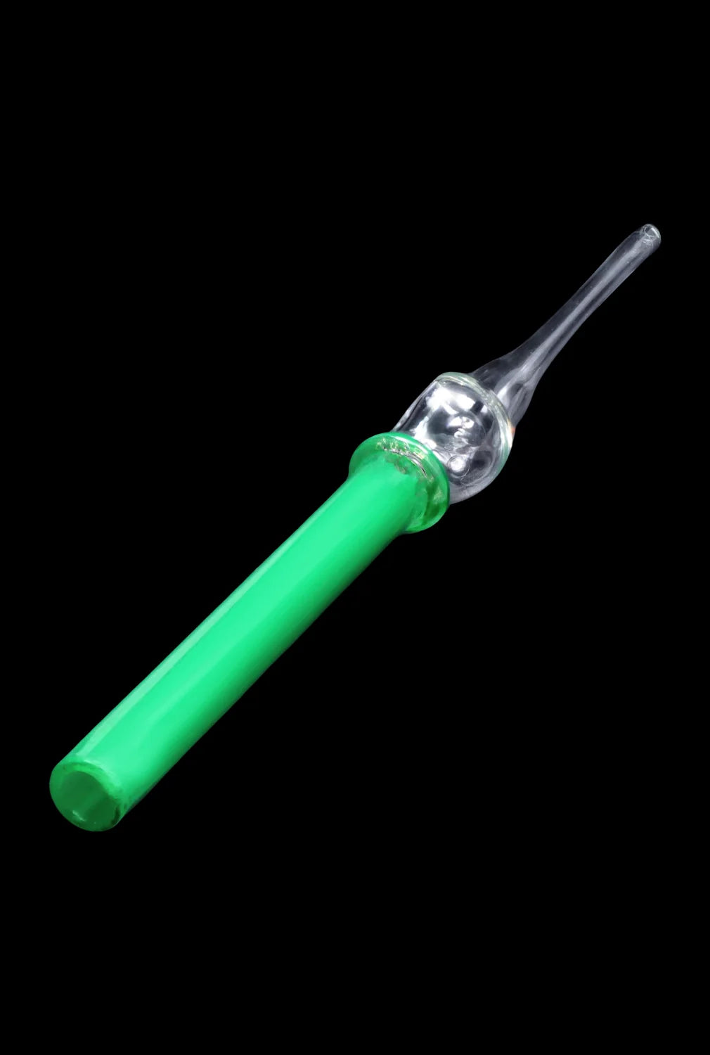 A studio shot of the SC Glass Straw, with a clear glass design angled against a dark background.