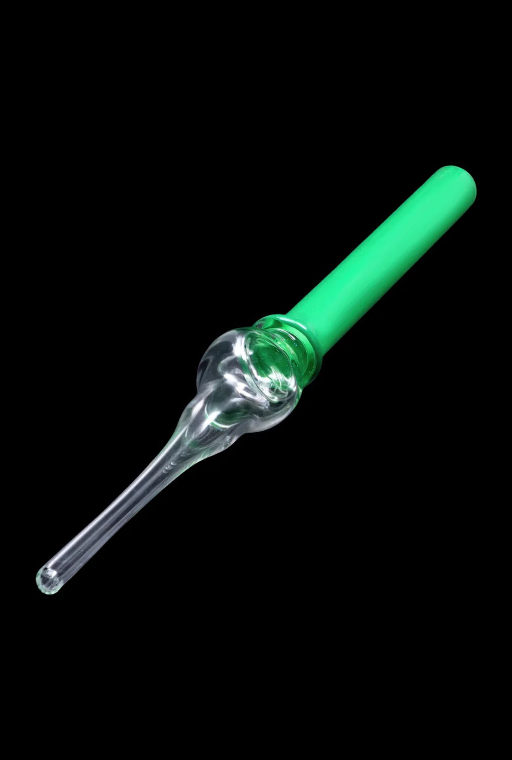 Front view of the SC Glass Straw, a clear glass straw with a curved tip, angled against a dark background.