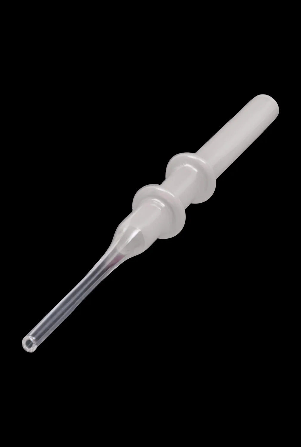 A close-up shot of the SC Glass Straw, a clear glass straw angled diagonally against a black background.