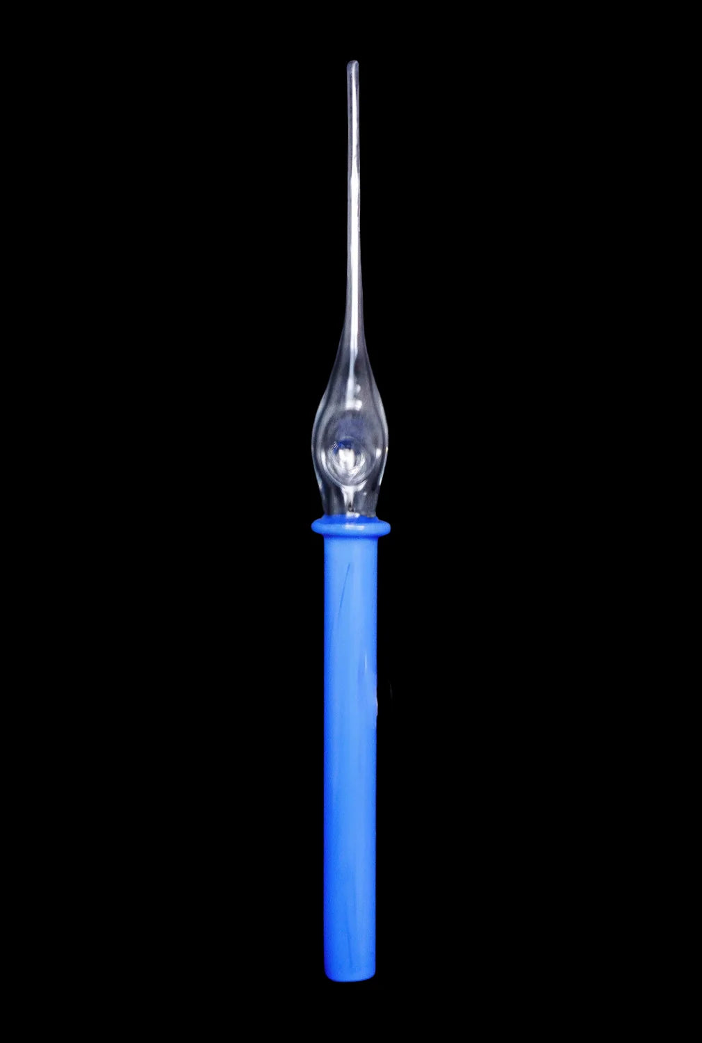 A straight-on view of the SC Glass Straw, a clear glass tube with a rounded tip, against a black background.