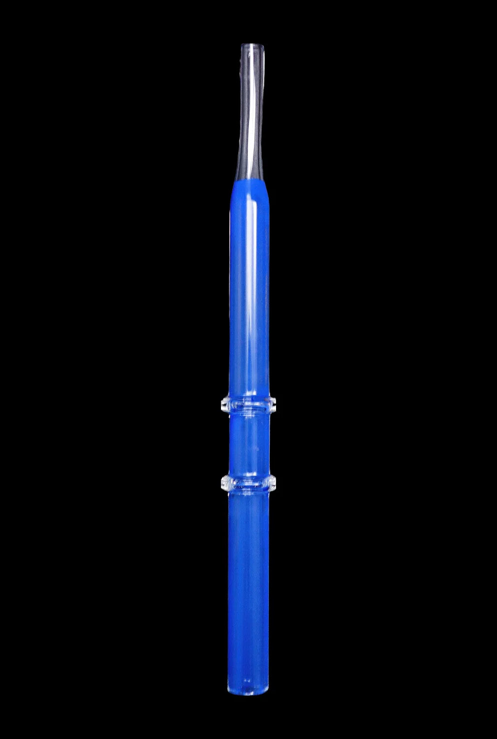 Front view of the SC Double Rim Glass Straw, a clear glass tube with two circular rims visible against a black background.