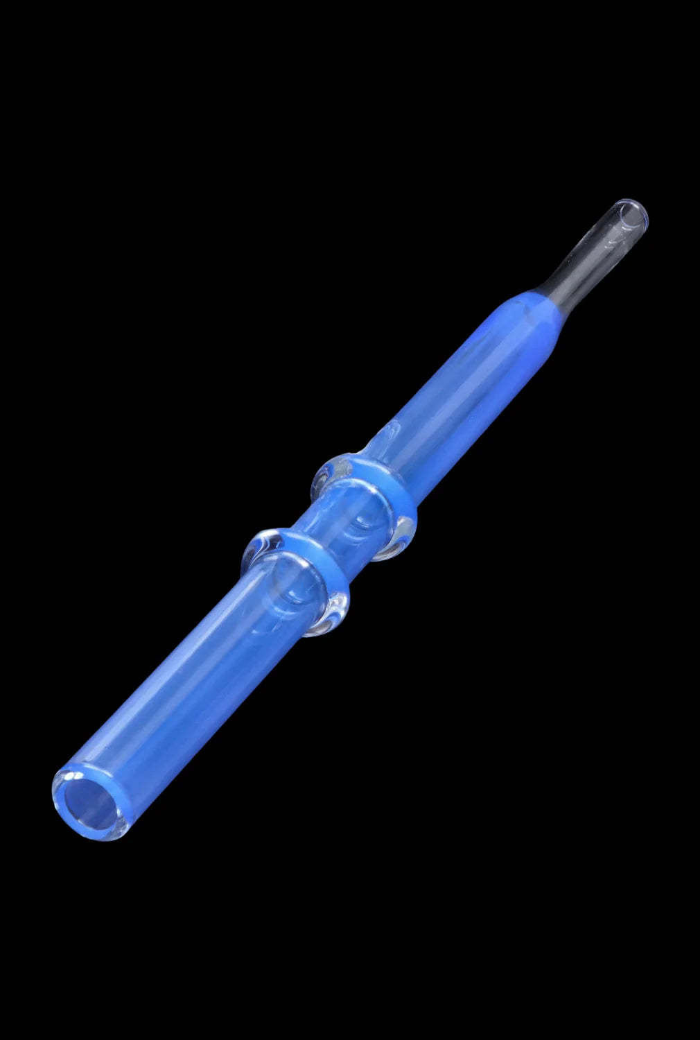 A studio shot of the SC Double Rim Glass Straw, a clear glass tube with a gently curved shape.