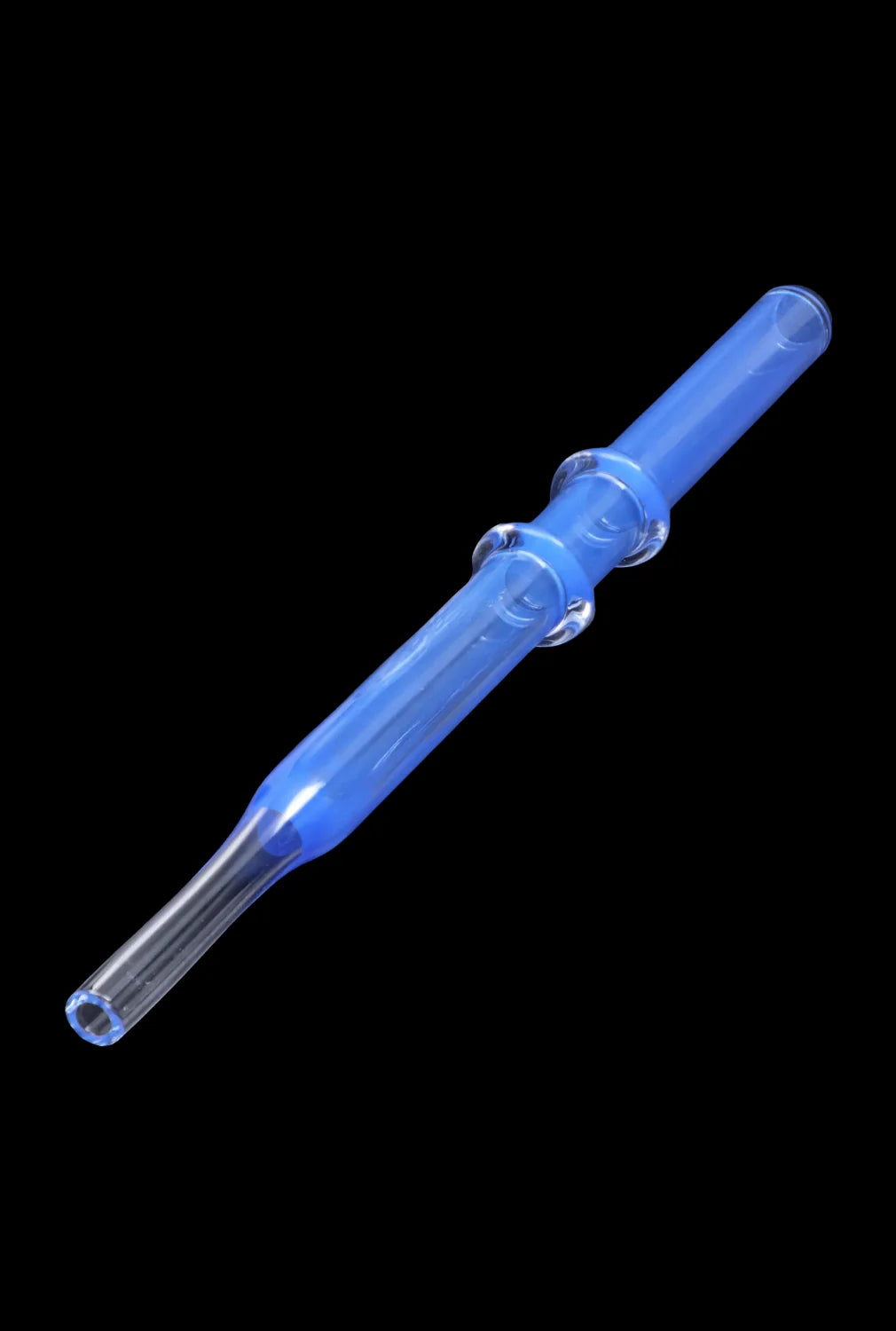 A slightly angled view of the SC Double Rim Glass Straw, showcasing its clear glass construction and simple, elongated form.