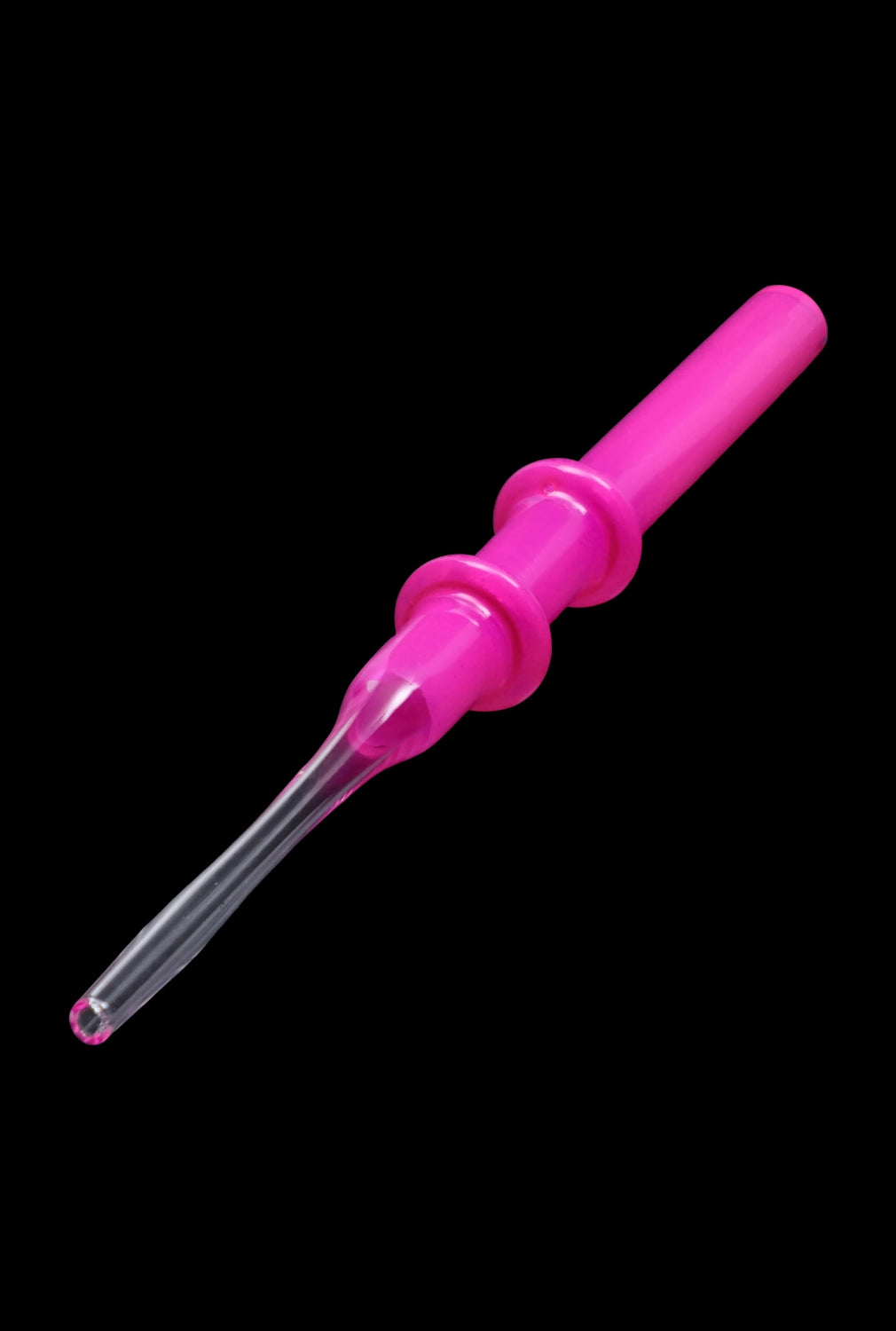 A studio shot of the SC Double Rim Glass Straw, angled to display its clear glass construction and simple, elongated form.