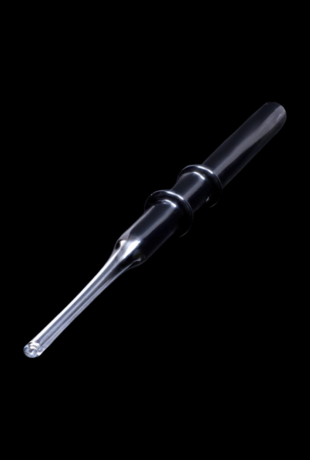 A diagonal view of the SC Double Rim Glass Straw, showcasing its clear glass construction and simple, elegant design.