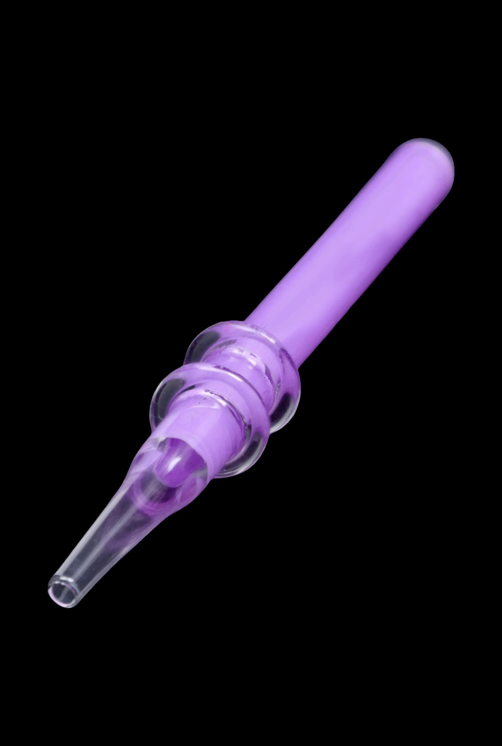 A diagonally angled view of the SC Double Rim Glass Straw, showing its clear glass construction and simple rim detail.