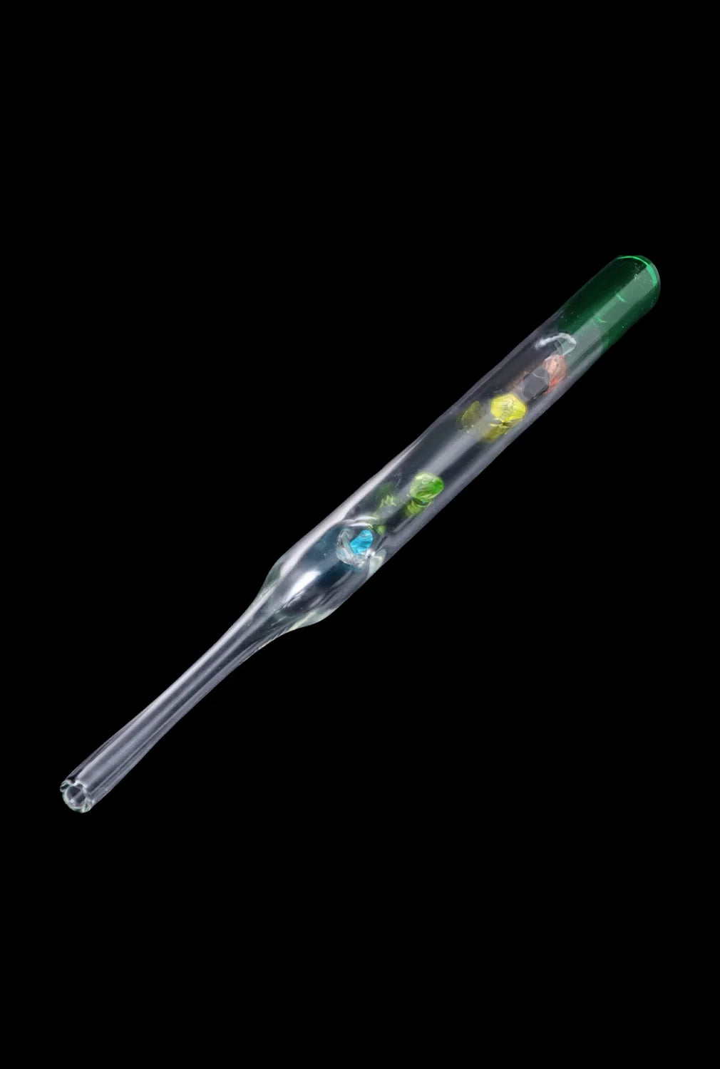 A close-up, angled view of the SC Glass Straw with Beads, featuring clear glass and colorful beads inside.