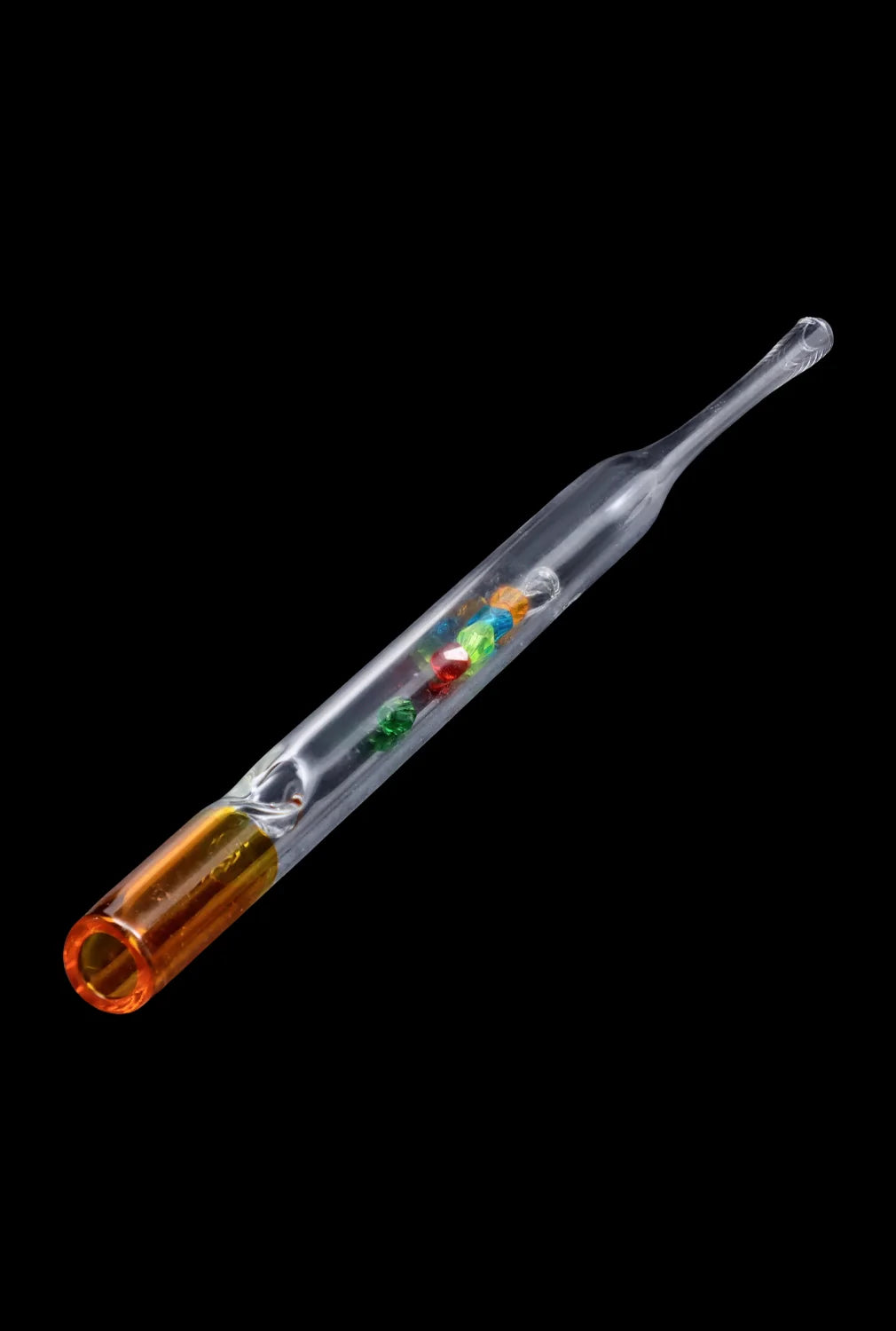 A close-up view of the SC Glass Straw with Beads, displaying a clear glass tube with colorful beads inside.