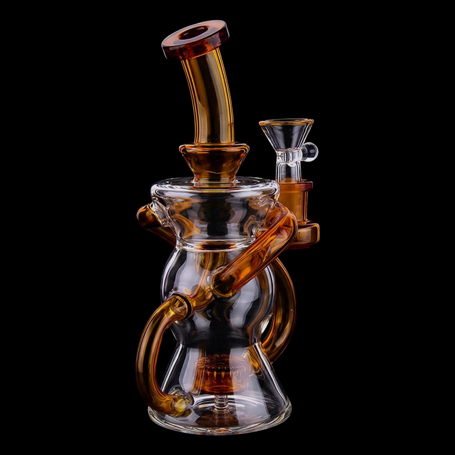 Angled close-up of the Smoke Cartel Color Perc & Tube Recycler Bong - 7 in. showing amber-tinted glass loops and a funnel bowl against a black background