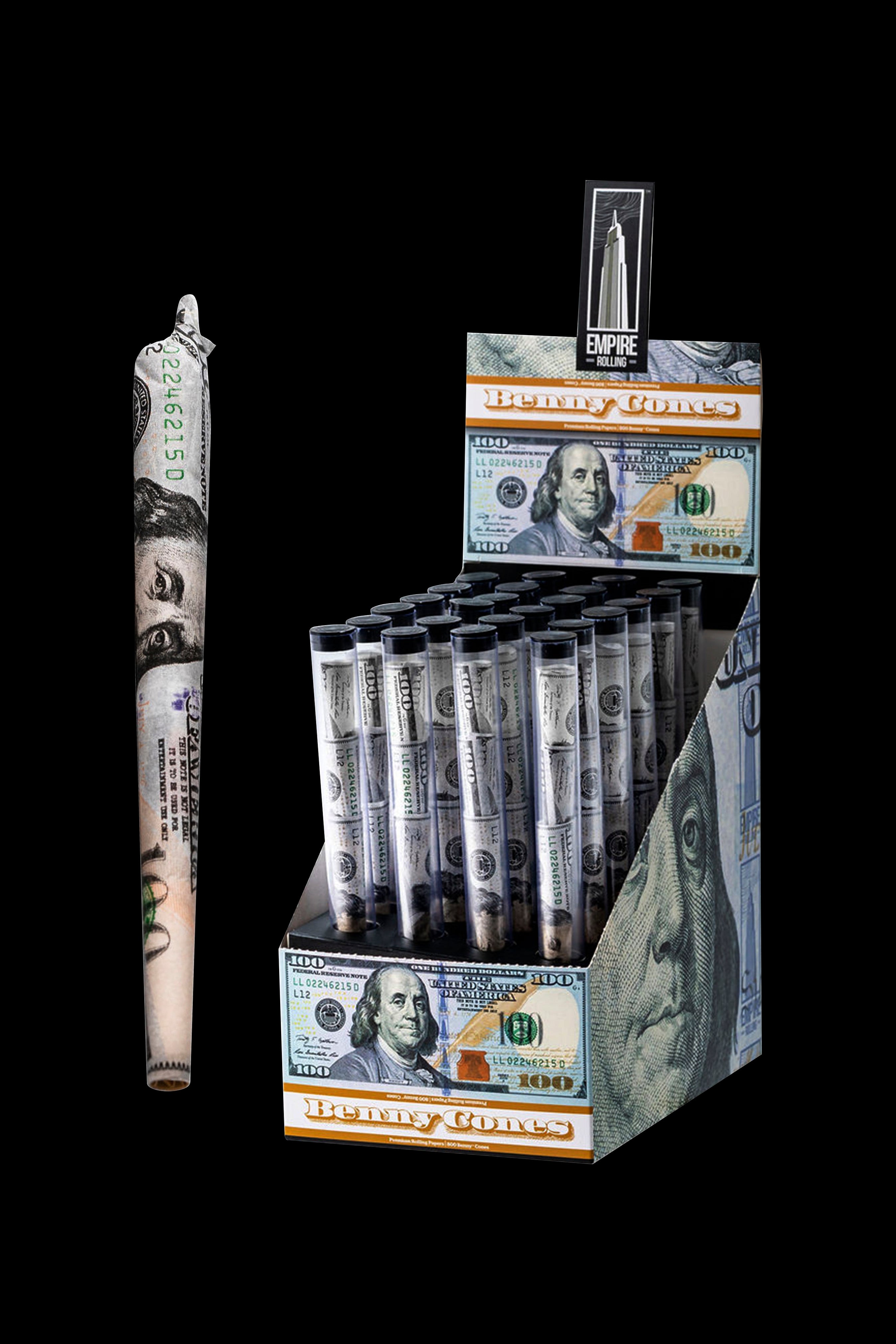 Display of “Benny Cones” pre-rolled cones packaged to resemble stacks of $100 bills, with a single rolled cone in the foreground.