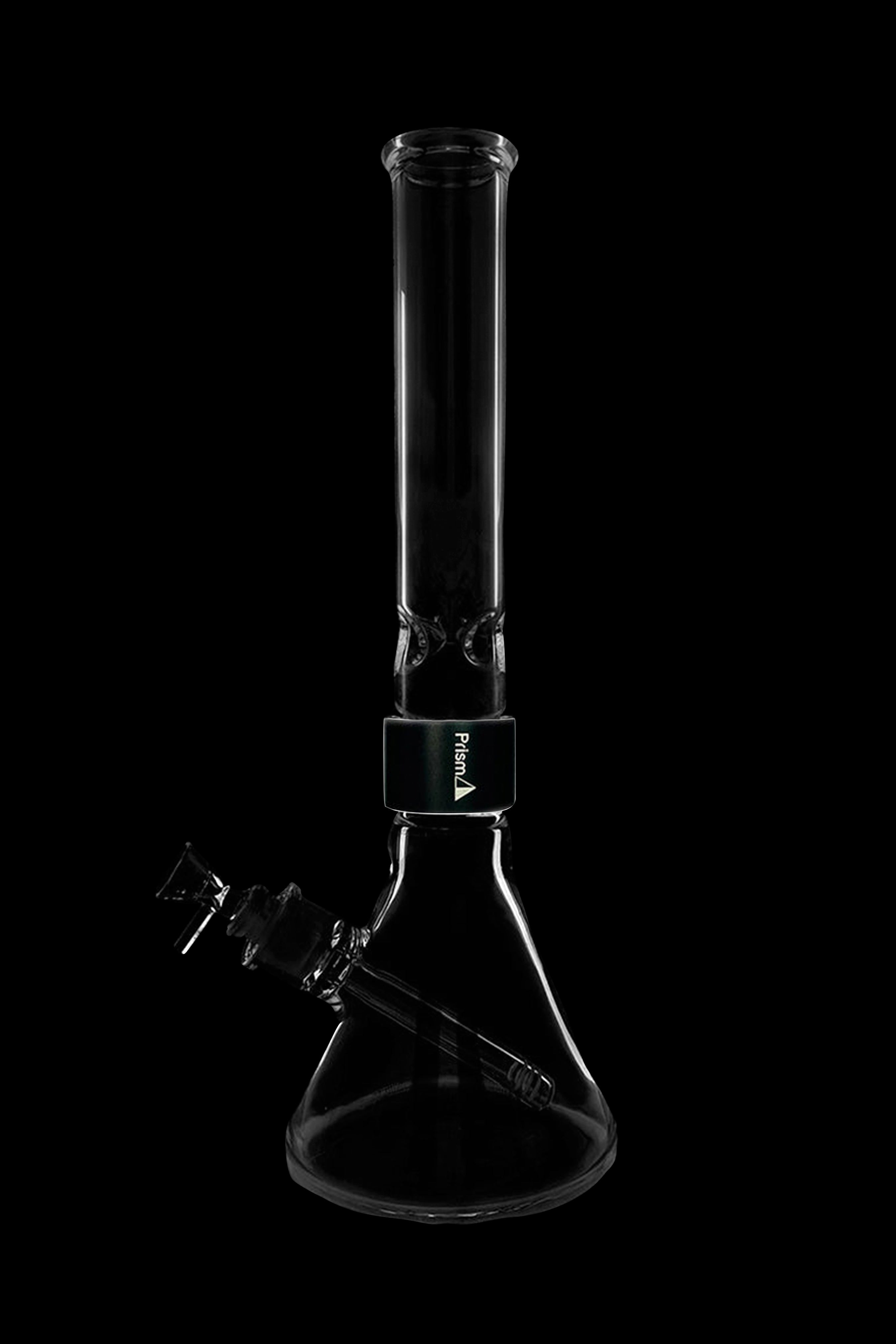 Clear glass bong with ice catcher and branded black neck.