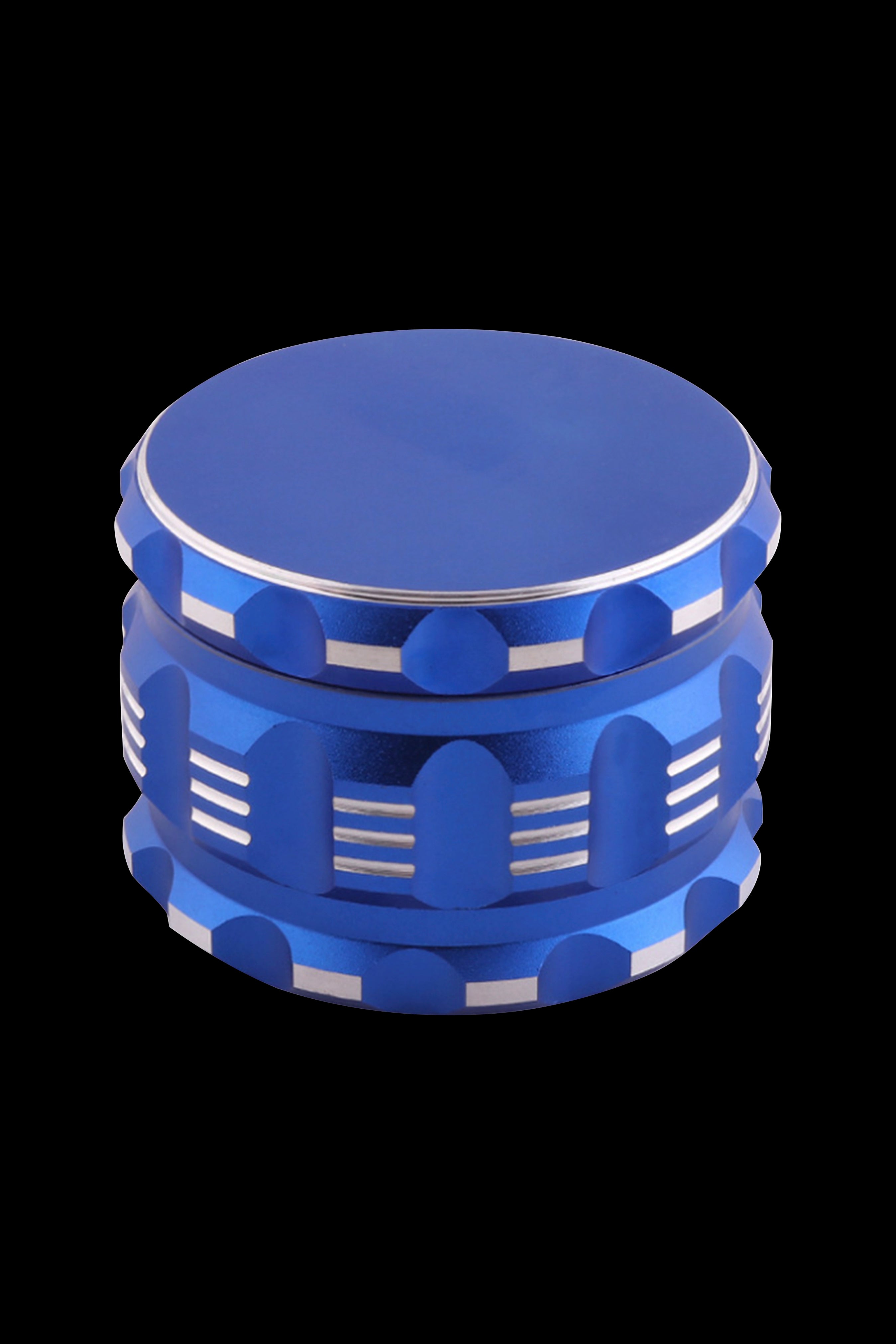 Blue metal cannabis grinder on a black background.