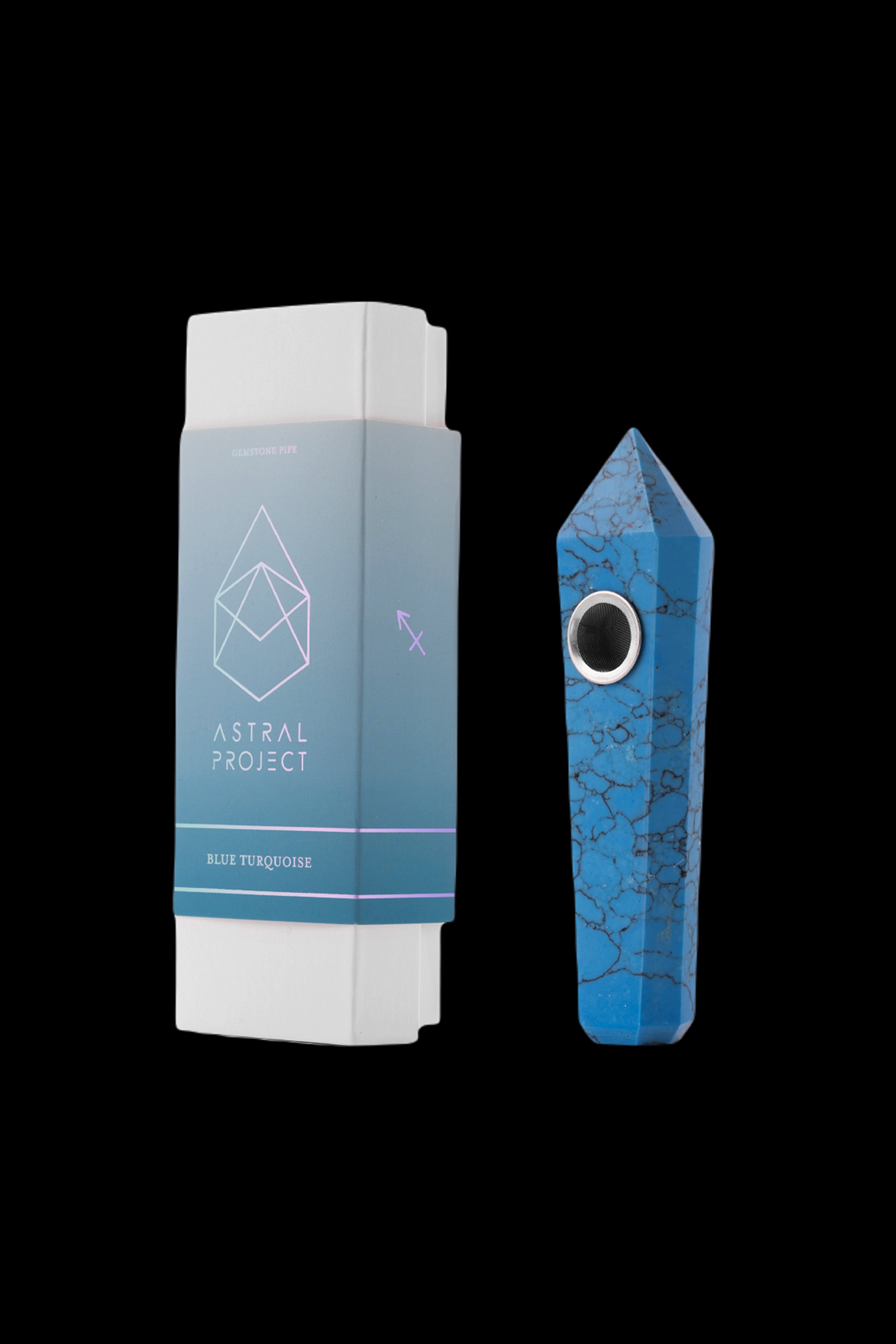 Blue turquoise crystal pipe and its branded packaging.