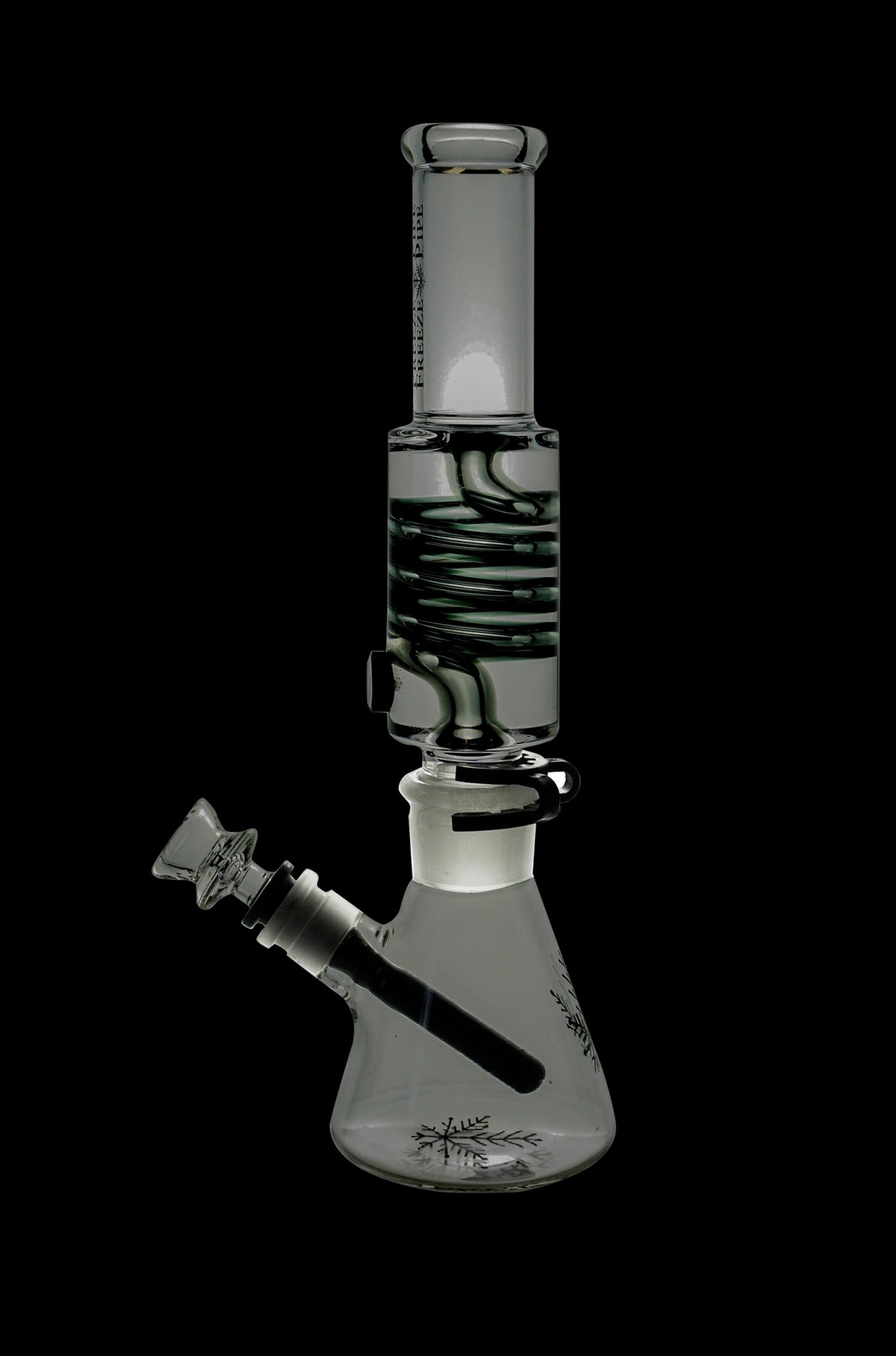 Clear glass water pipe (bong) with intricate design and visible smoking apparatus.