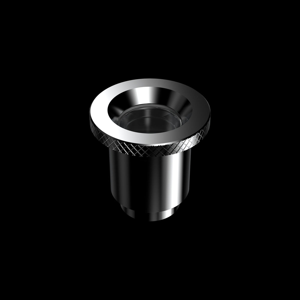 Top-down close-up of the polished metal mouthpiece of the Dr. Dabber Boost Evo™ against a black background.