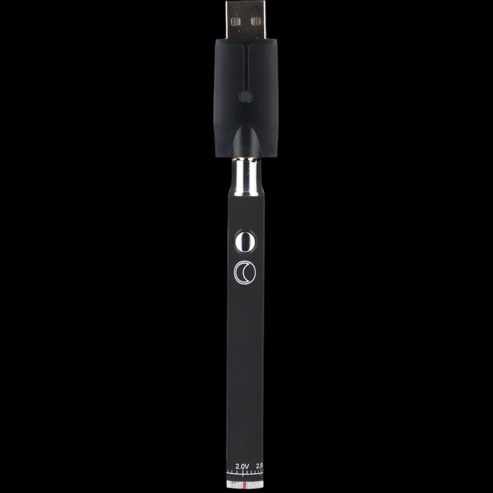Black cannabis vape pen with voltage settings.