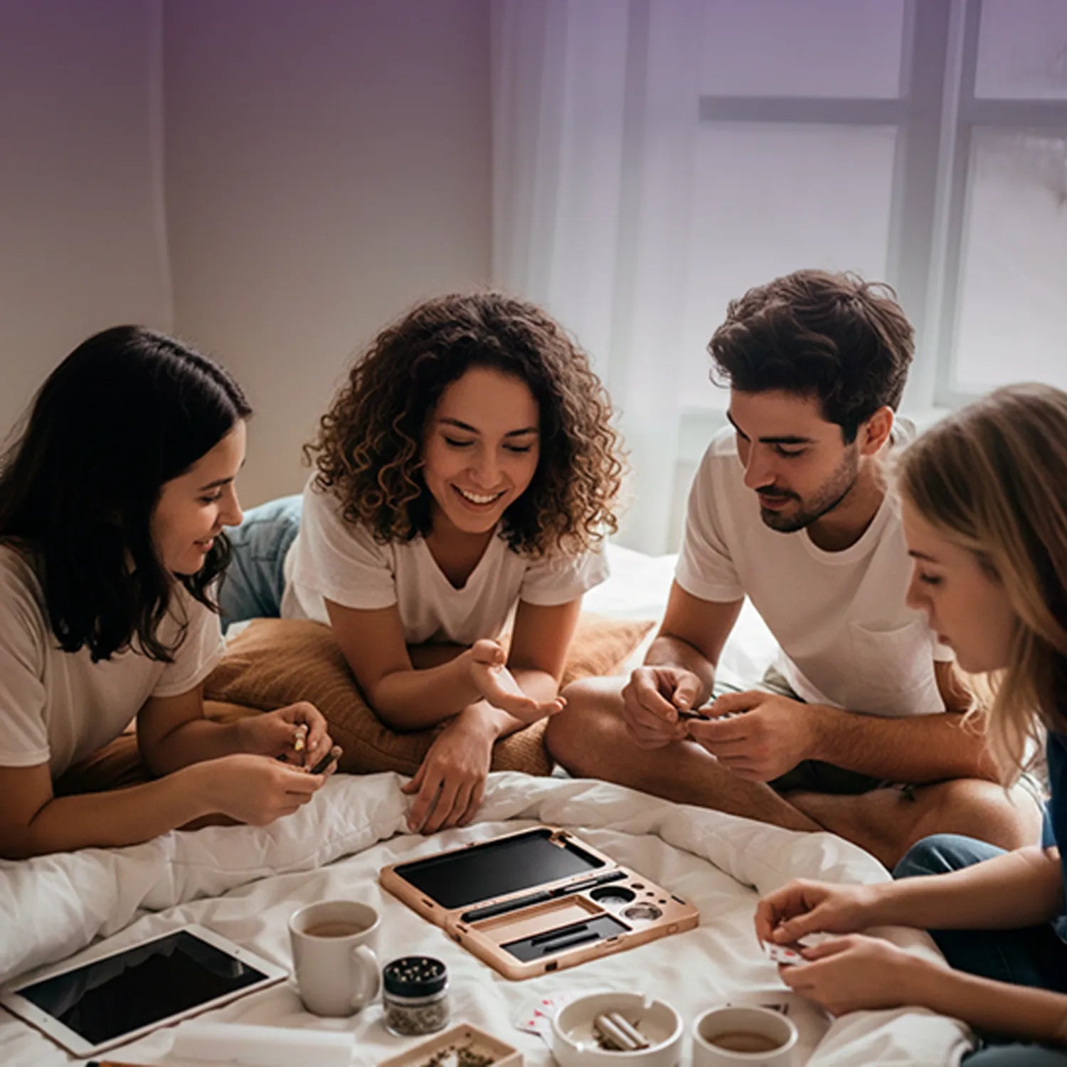 Three friends and a fourth person leaning in on a bed around a rose-gold Cloudious 9 M.L.T.9 Portable Rolling Tray Survival Kit.