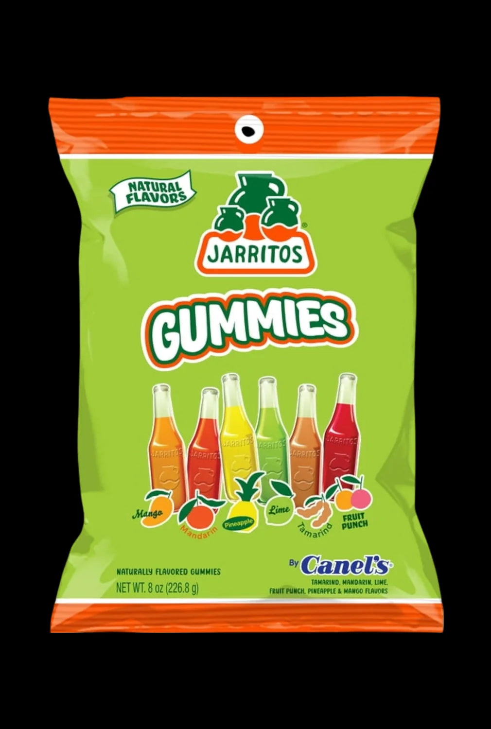A brightly colored package of Jarritos Bottle Gummies displays the brand’s logo and a front view of the candy shaped like miniature bottles.