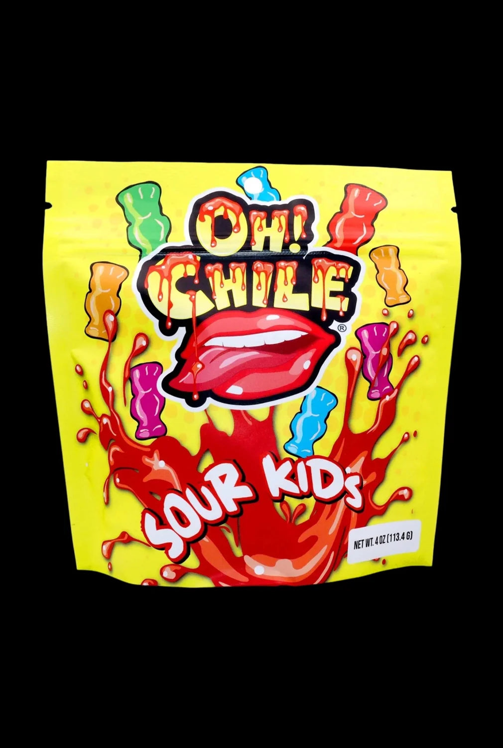 Front view of the Oh! Chile Sour Kids 4 oz. candy bag with bold lettering and colorful design elements.