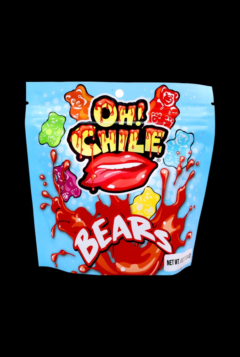 Front view of the Oh! Chile Bears 4 oz. package, featuring bold lettering and colorful graphic details.