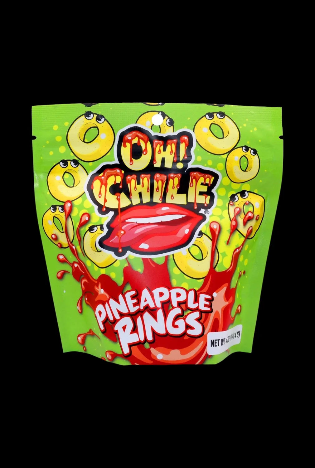 Front view of the Oh! Chile Pineapple Rings package with bold graphics and vibrant colors.