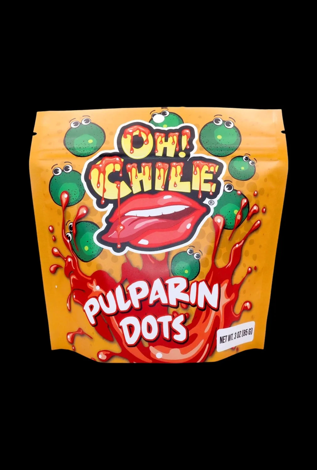 Front view of the Oh! Chile Pulparin Dots - 3 oz. package with a bright, colorful design and bold lettering.