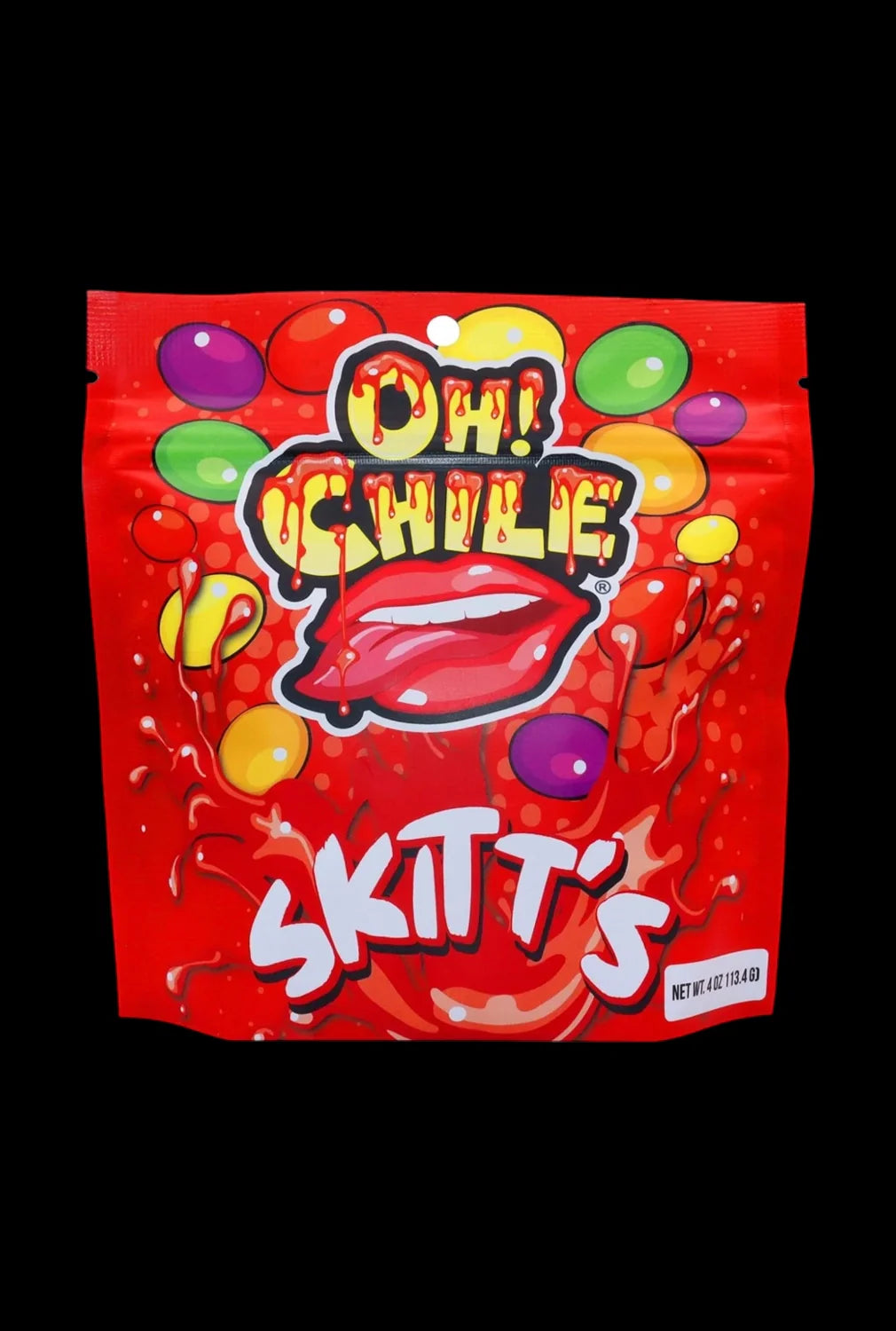 Front view of the Oh! Chile Skitt's - 4 oz. package with a colorful, dynamic design, highlighting the brand's aesthetic.