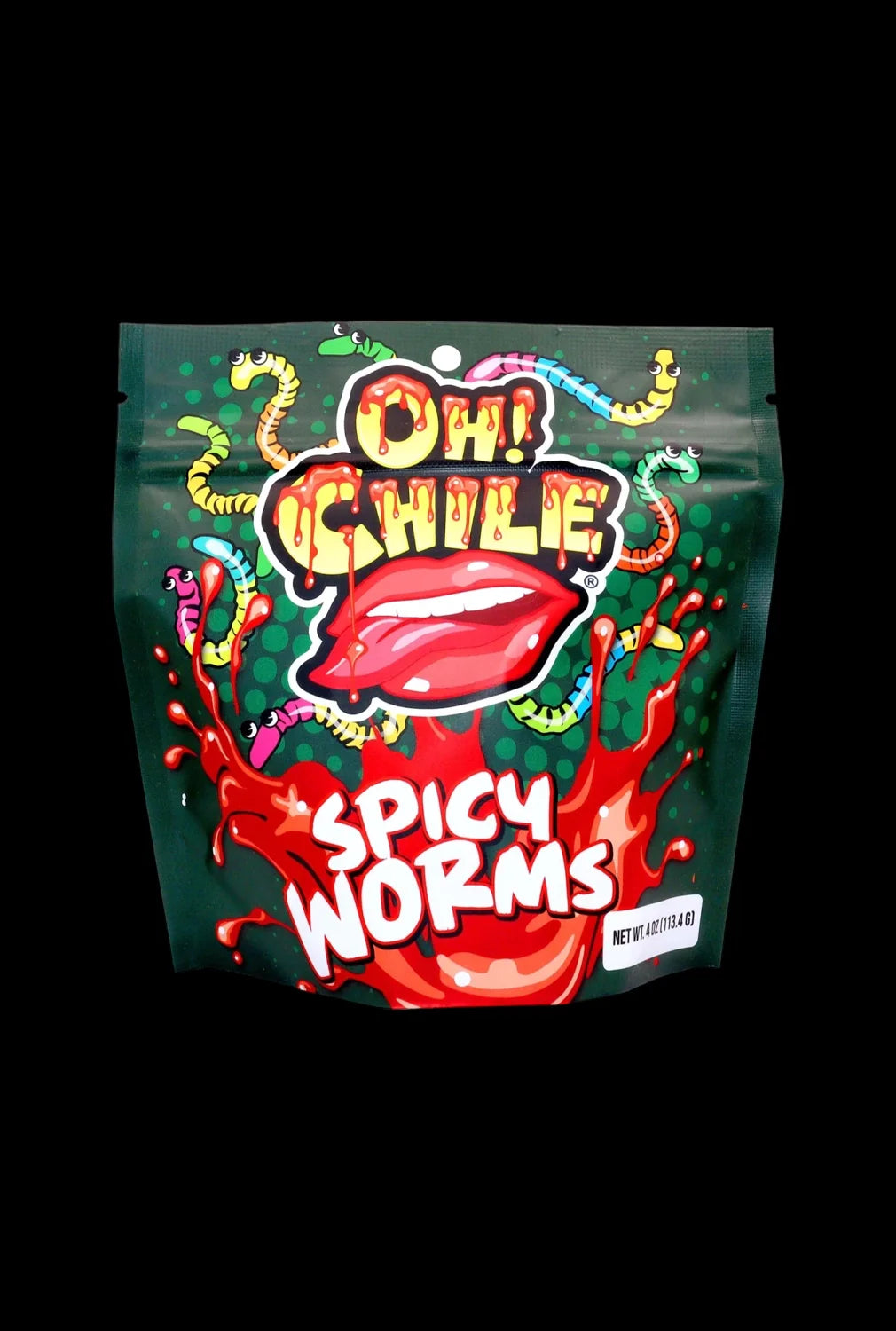Front view of the Oh! Chile Spicy Worms packaging, a brightly colored bag with a playful illustration.