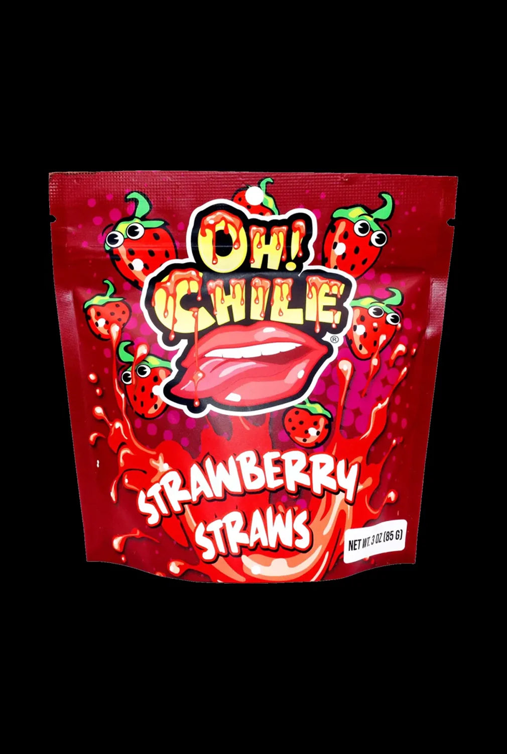 A close-up of the Oh! Chile Strawberry Straws package against a black backdrop, showing the colorful branding and product name.