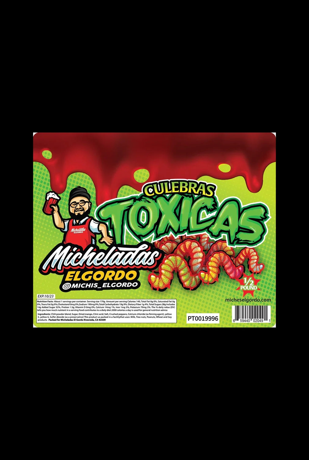 A brightly colored package of Micheladas El Gordo Toxicas Gummy Worms is displayed head-on, featuring a cartoon character and bold text.