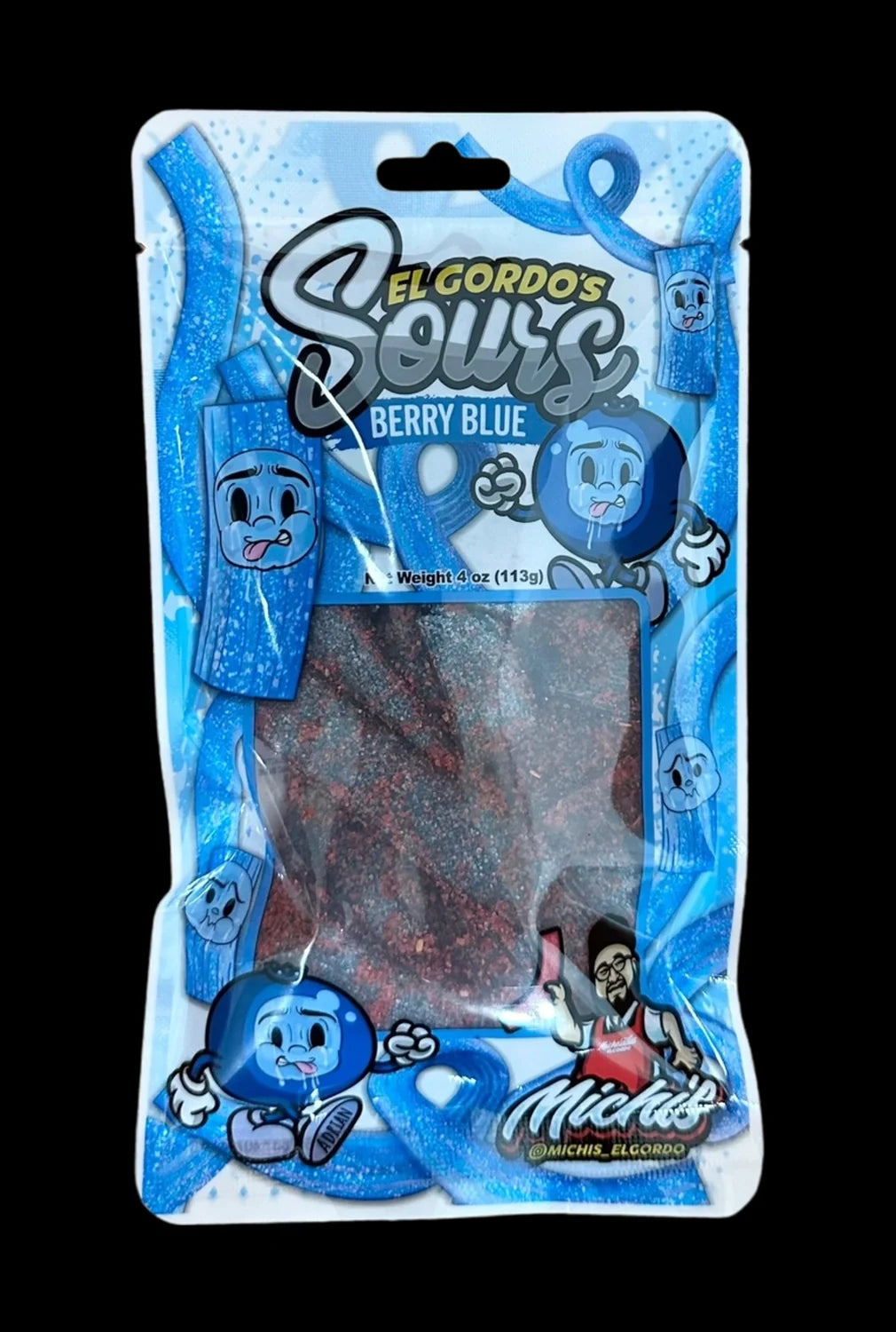 Front view of the El Gordo Berry Blue Chamoy Sours package with a playful graphic design and vibrant blue coloring.