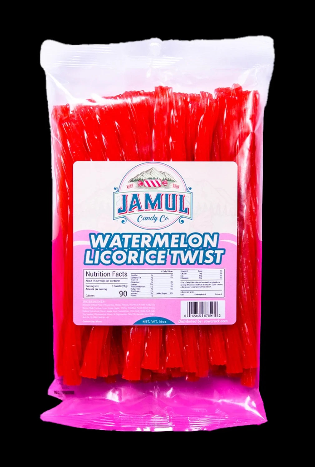 A front view of the 16 oz. Jamul Candy Co. Watermelon Licorice package, displaying colorful branding and nutrition facts.