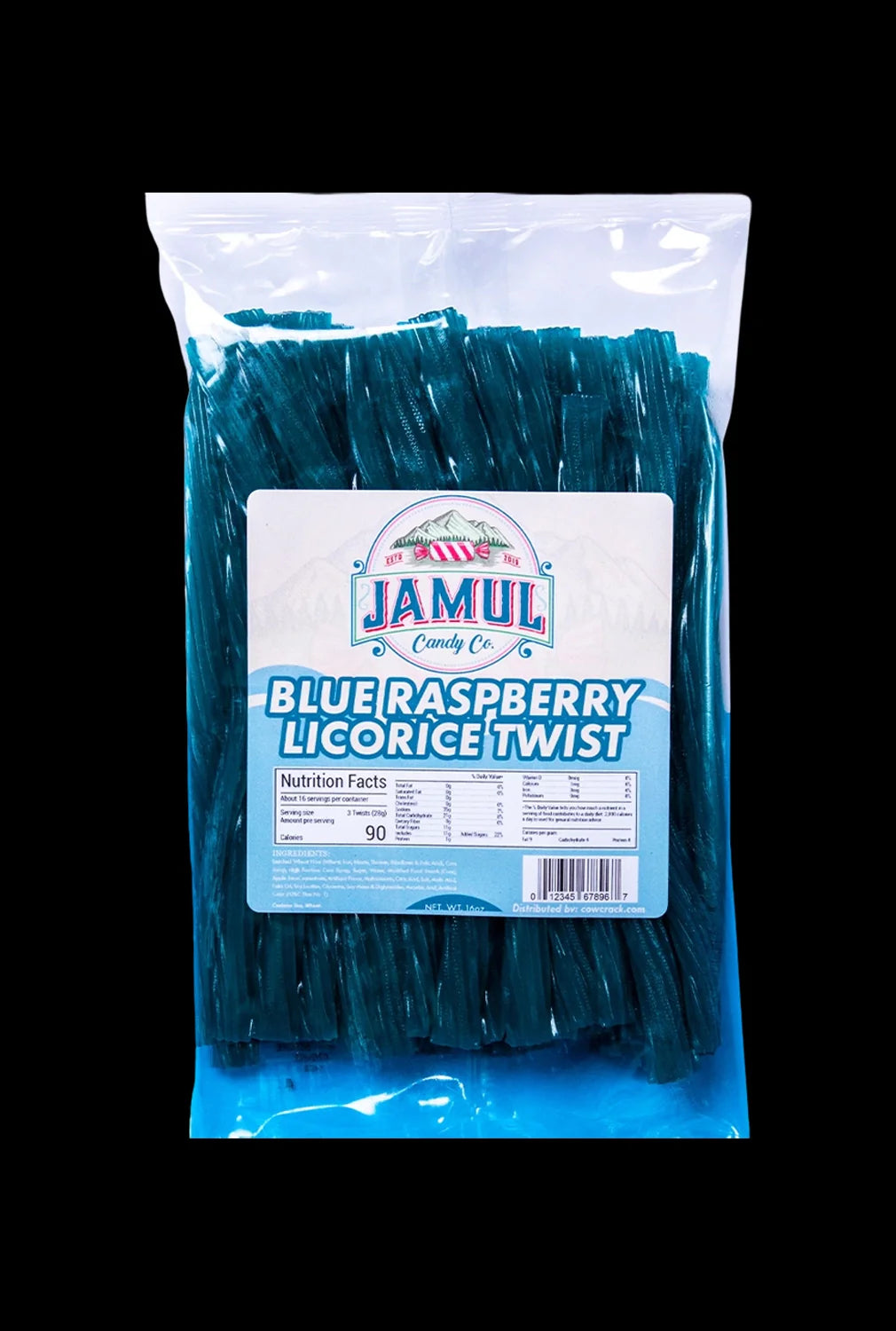 A full shot of the 16oz Jamul Candy Co. Blue Raspberry Licorice packaging with a colorful label and nutrition facts.