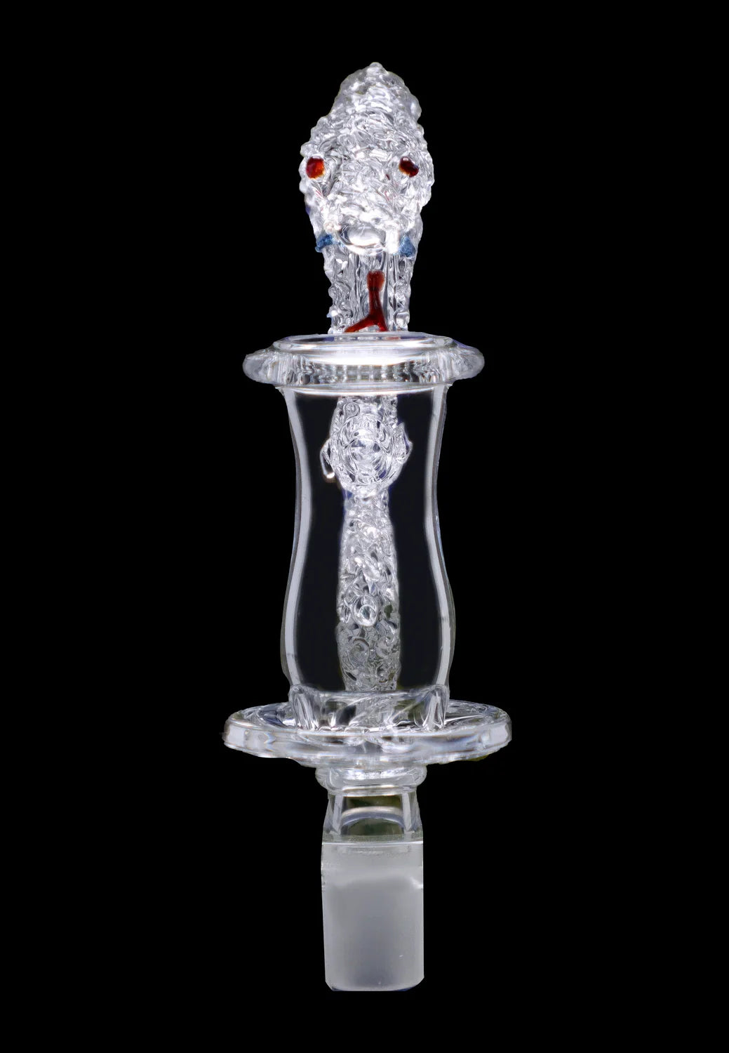Close-up front view of a clear glass Lollipop Brand Arm Recyclers Nectar Collector with textured inner tube and red accents.
