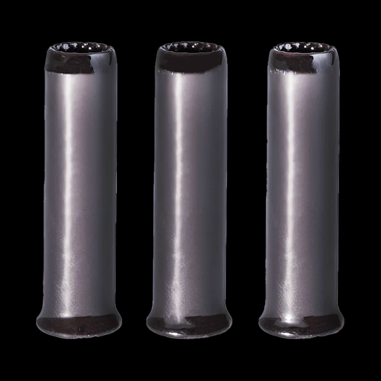 Close-up front view of three metallic gray Cipher ArcSnap Chillum Replacement Set | 3pc tubes aligned vertically against a black background.