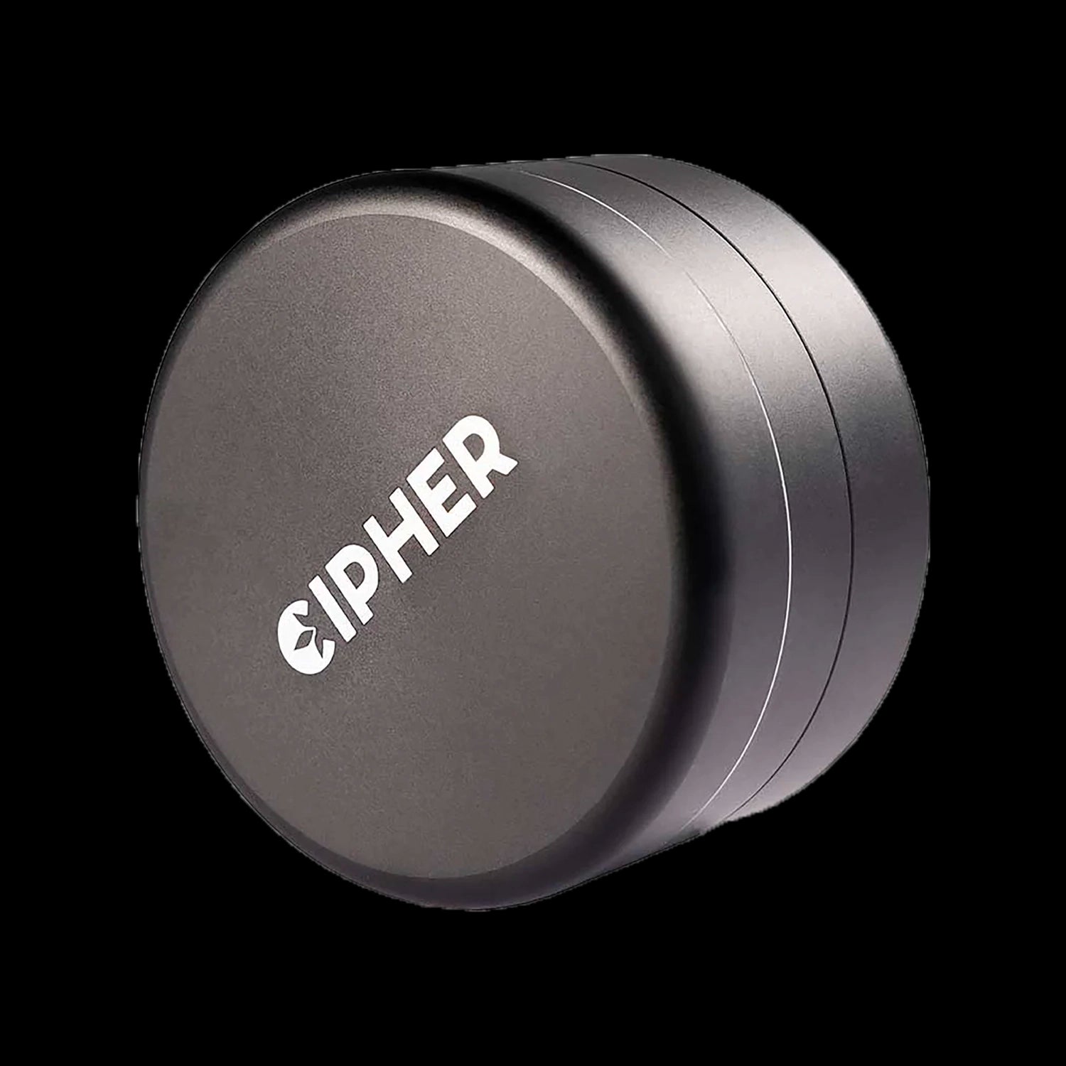 Angled close-up of the Carbon Black Cipher Ultra 3-piece Herb Grinder showing the stacked cylindrical layers and white logo against a black background