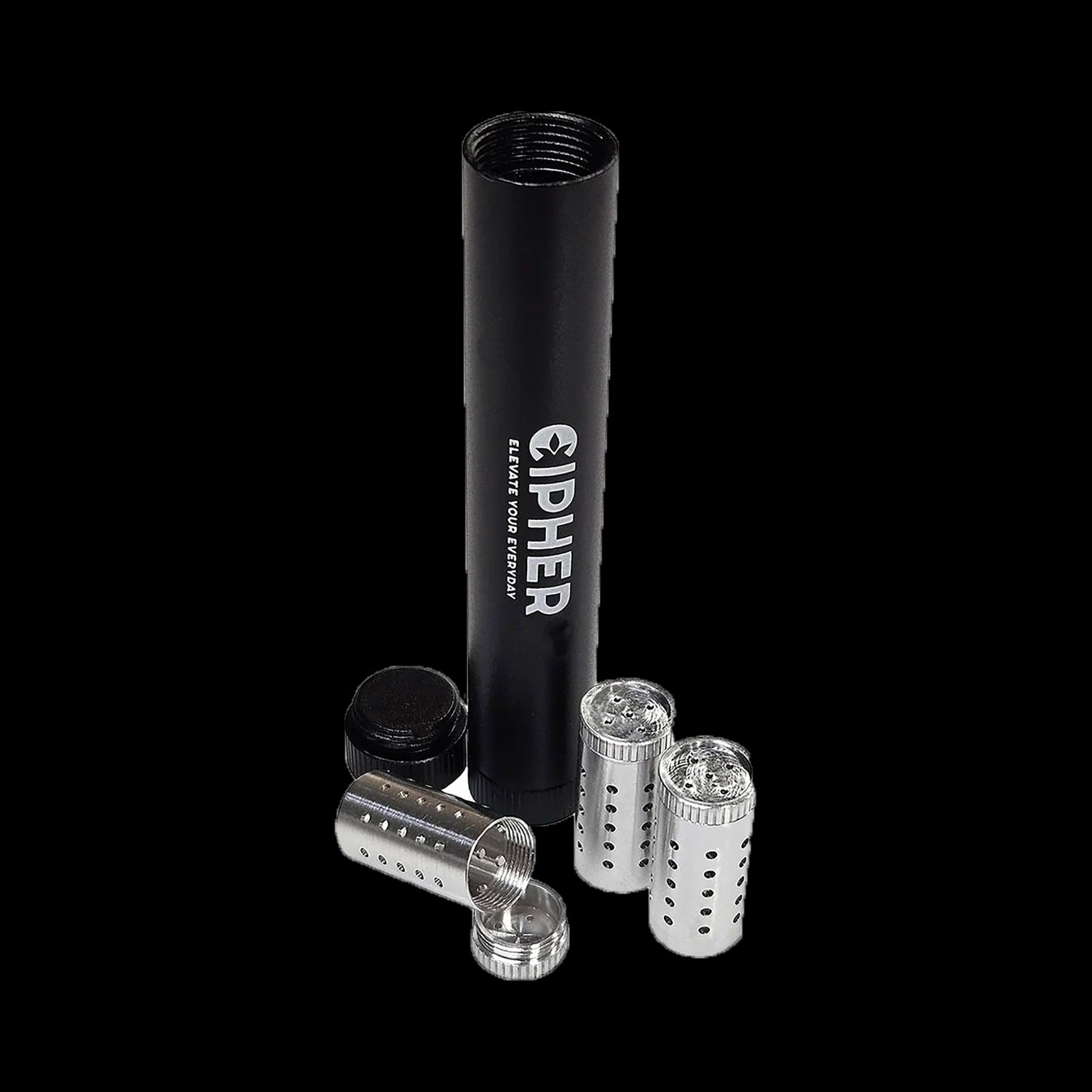 Vertical close-up of the black Cipher Dry Herb Pod Container standing upright on a black background with several perforated silver pods and caps arranged at its base.