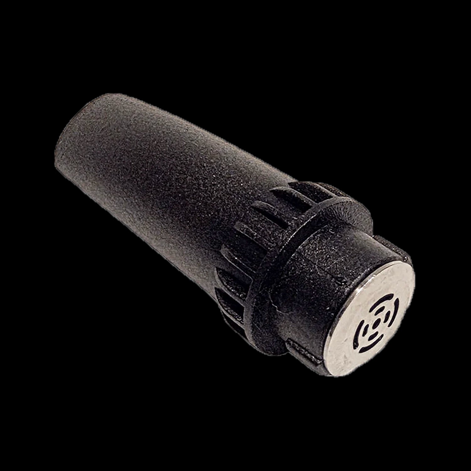 Angled close-up of a black Cipher Nautilus V3 Replacement Mouthpiece against a solid black background showing its vented cap.