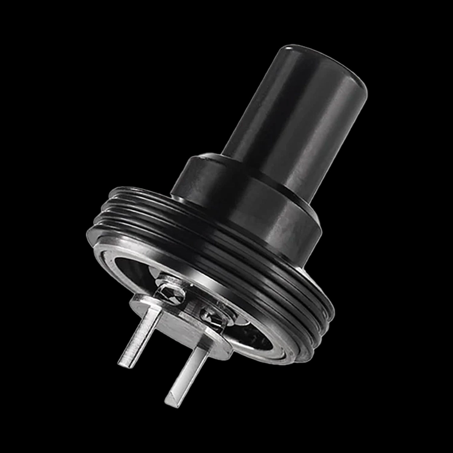 Angled close-up of the Carbon Black Cipher NOVA Replacement Mouthpiece - V2 showing the textured threaded base, cylindrical mouthpiece, and metal pins against a black background
