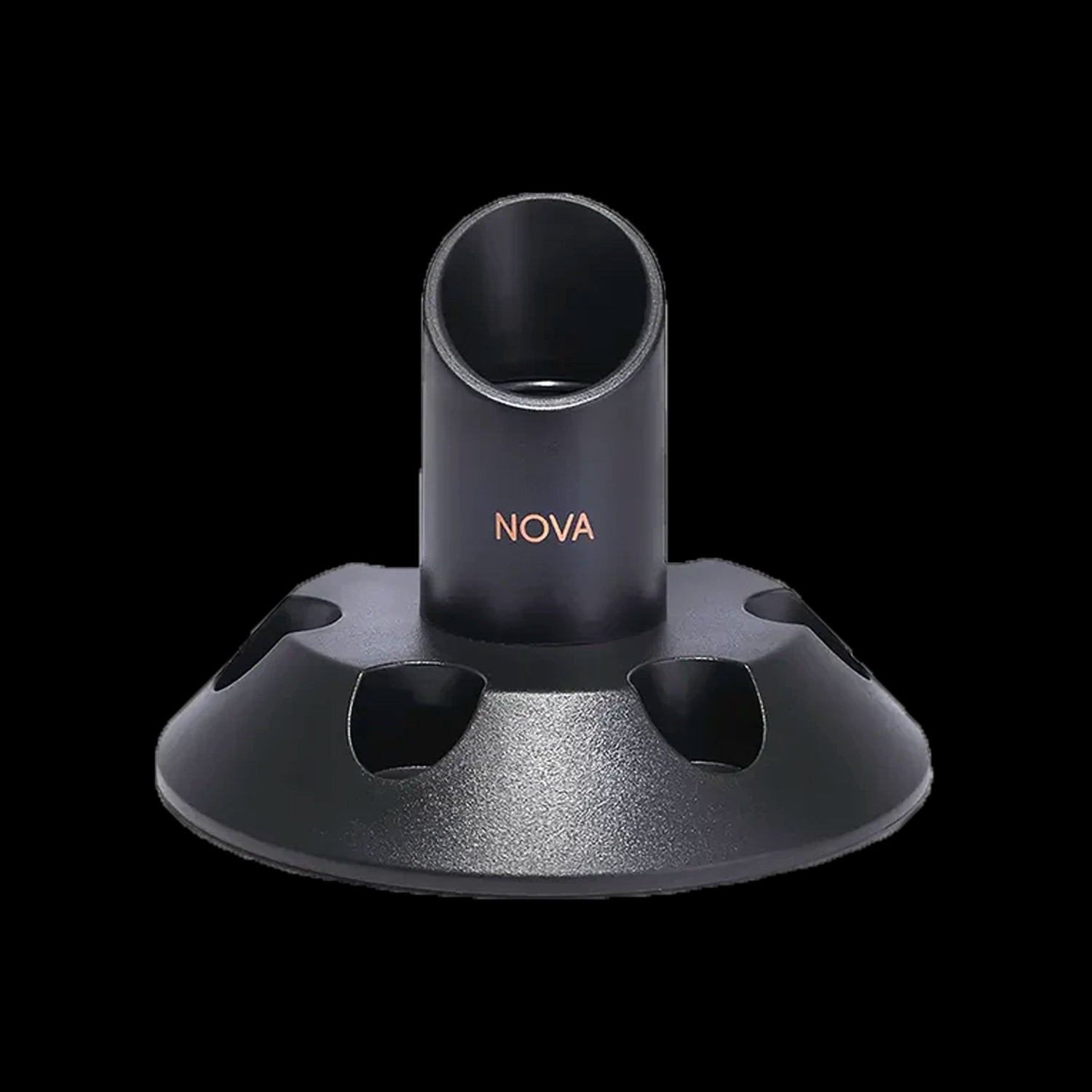 Close-up front view of the Cipher NOVA Home Base showing its black cylindrical inlet and flared base with cutout slots against a black background