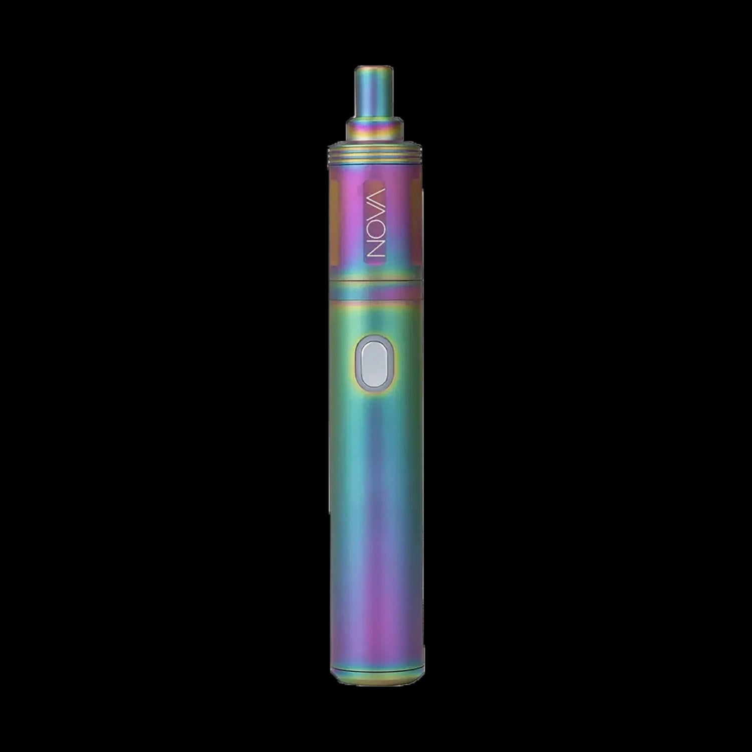 Centered vertical close-up of the iridescent Cipher NOVA | Iridescent - V2 pen showing its rainbow finish, button and top mouthpiece against black