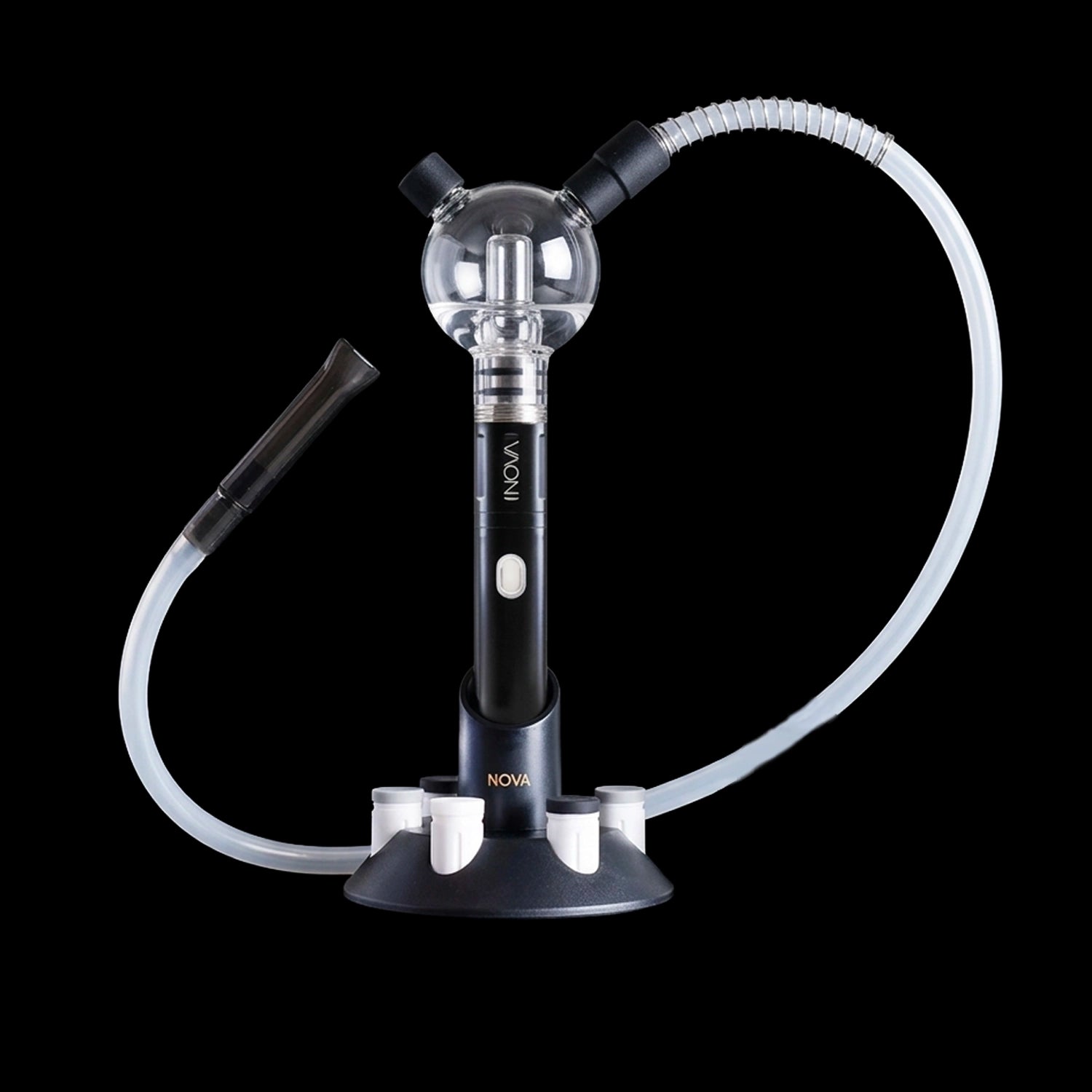 Center-frontal view of the Cipher NOVA Water Hookah Kit showing a clear spherical glass chamber, black stem with button, and coiled translucent hose against a black background