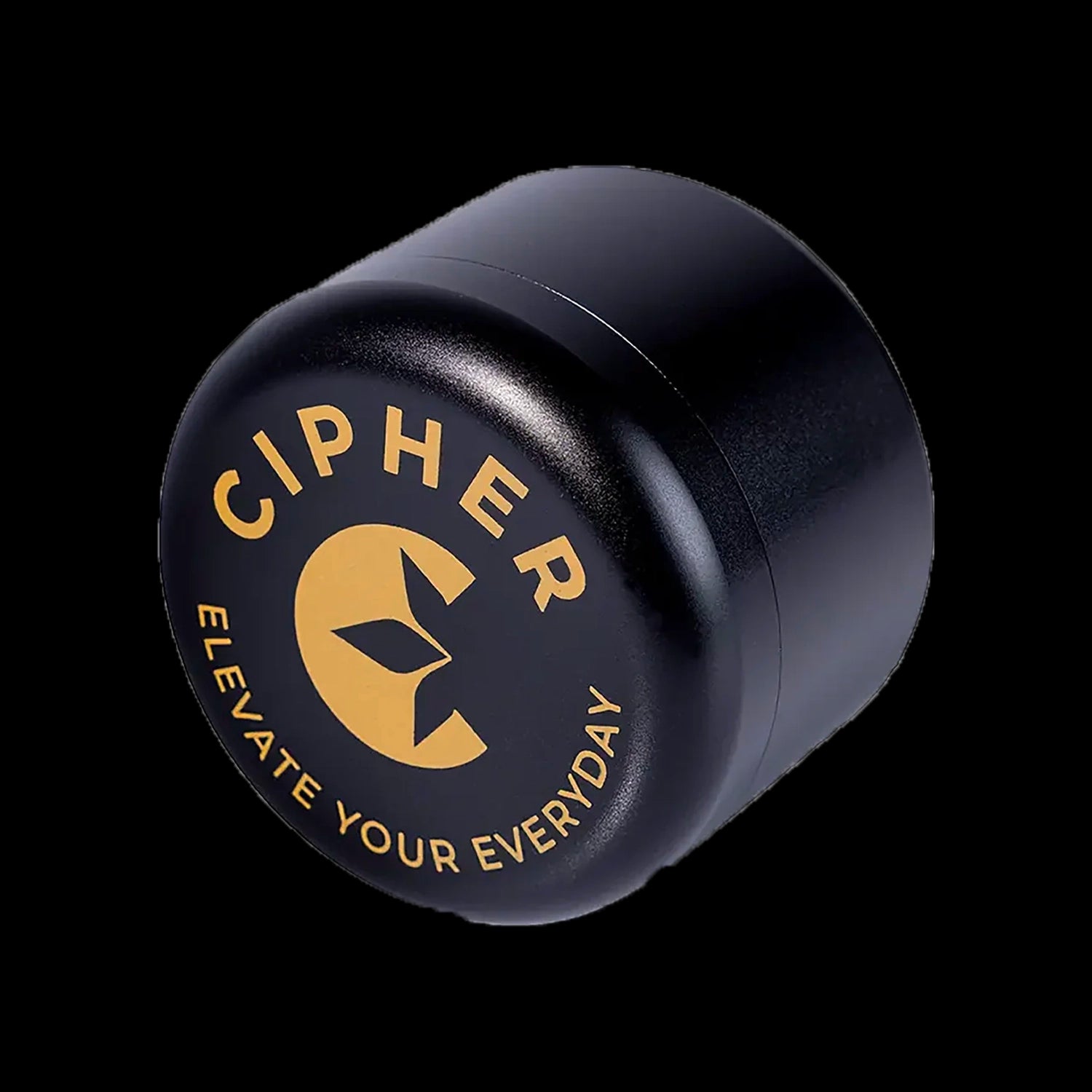 Angled close-up of the black Cipher Stor8 Smell-proof Herb Container | 8g showing its matte finish and gold logo on a black background