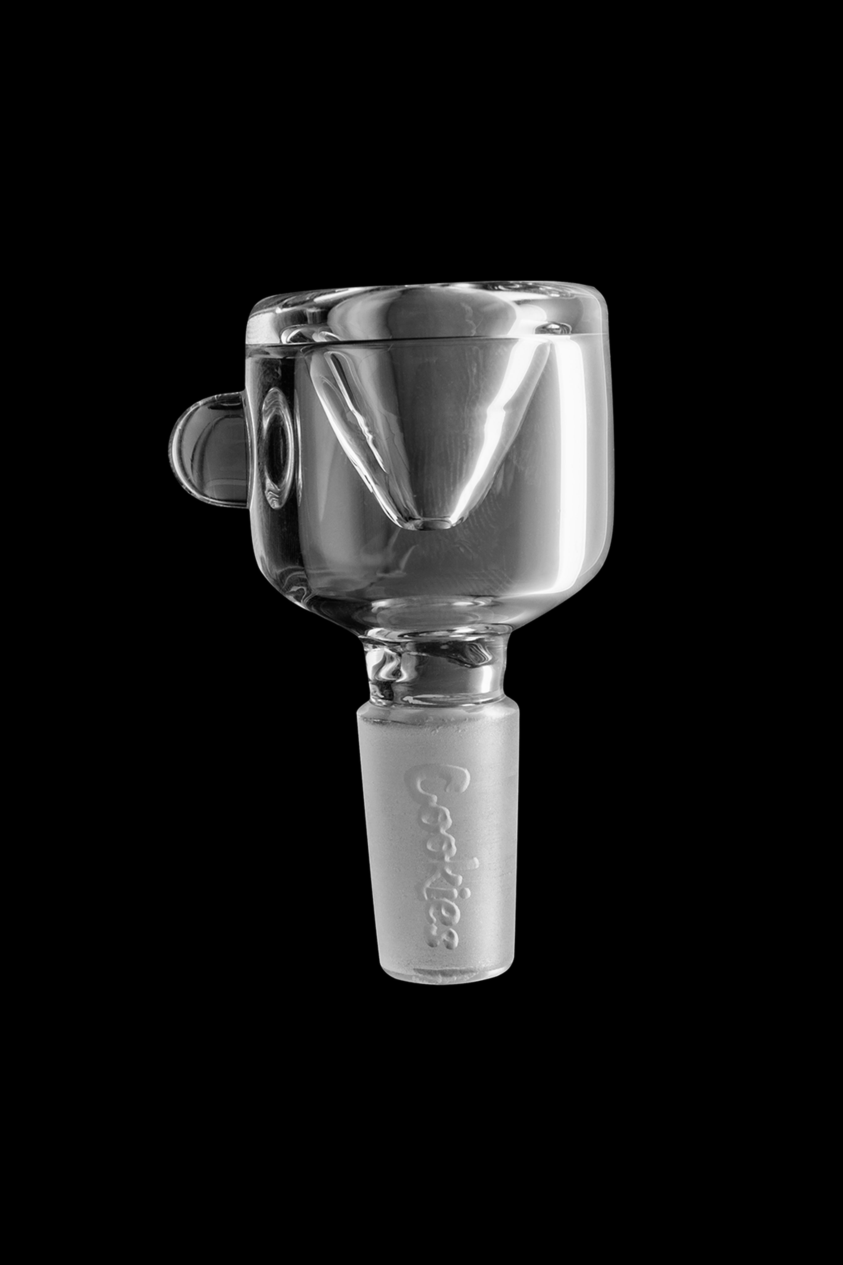 Clear glass cannabis bowl with etched logo.