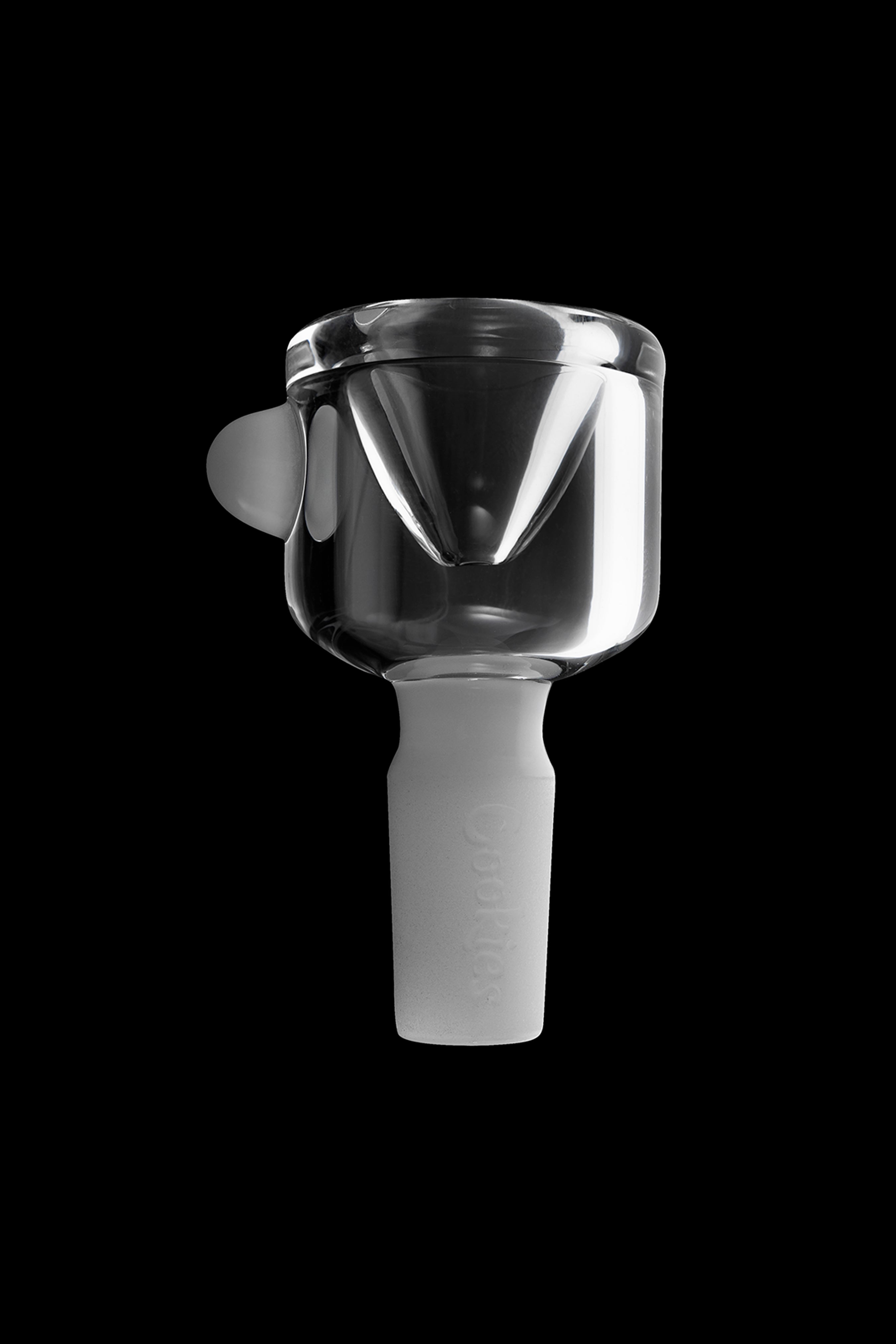 Clear glass cannabis bowl with intricate internal design, isolated on black.