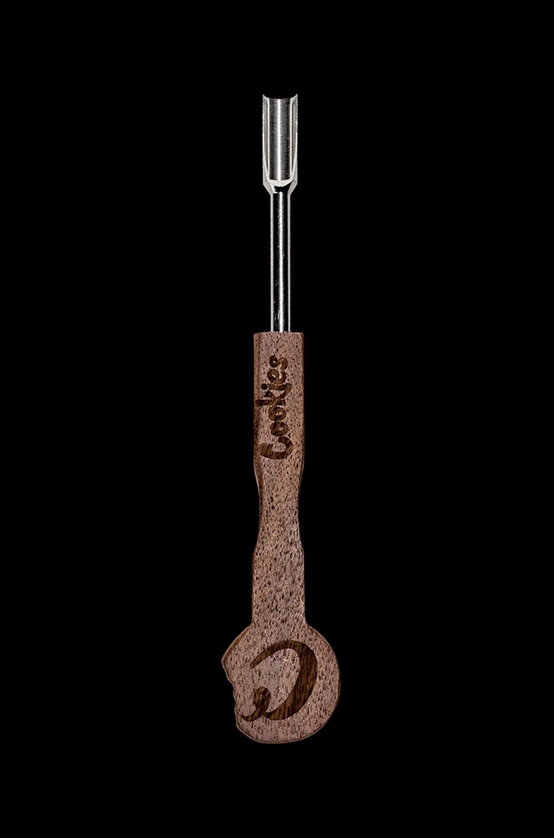 Wooden cannabis dab tool with silver tip and “Cookies” branding.