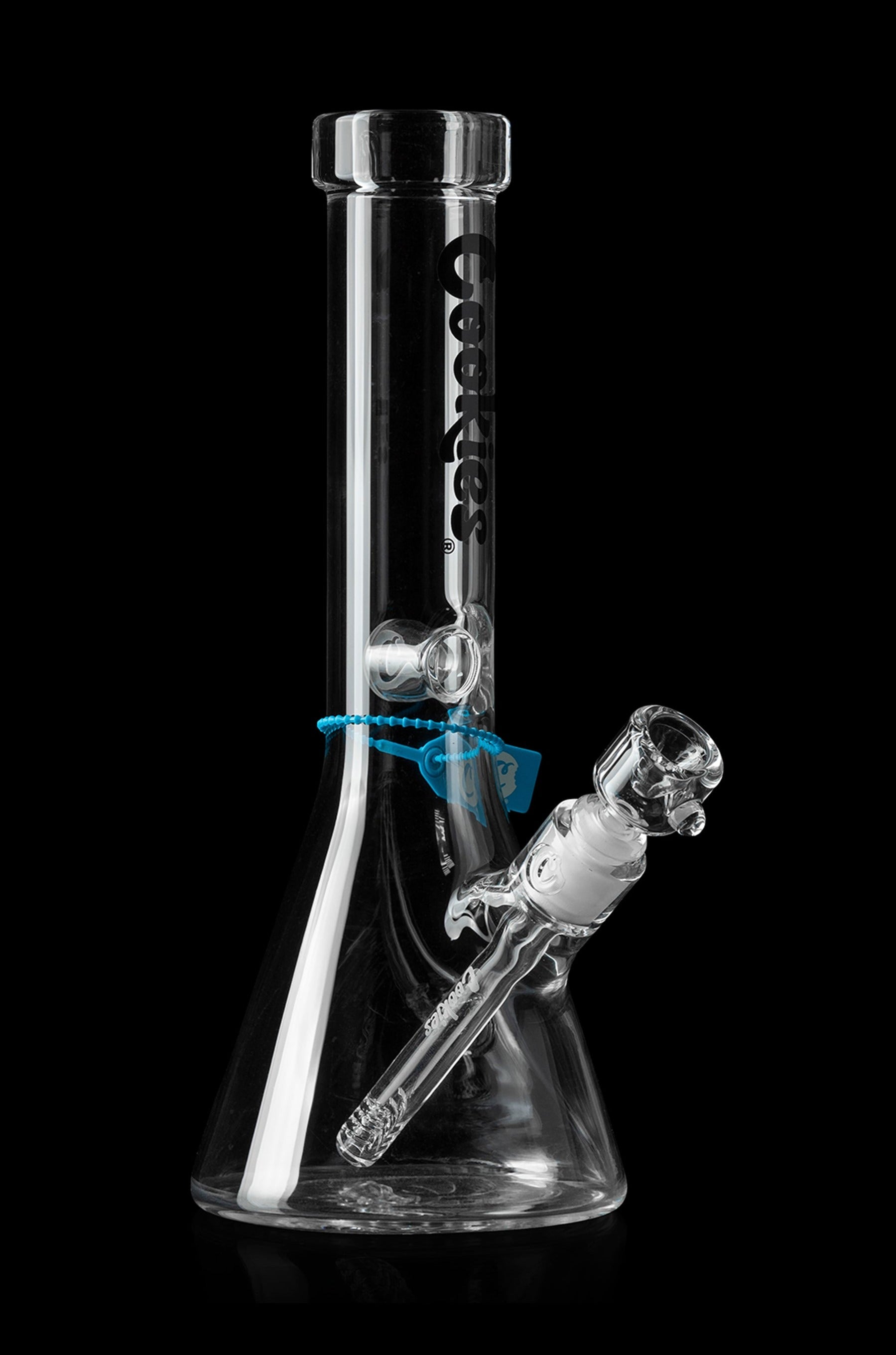 Clear glass bong with a removable downstem and bowl, against a black background.