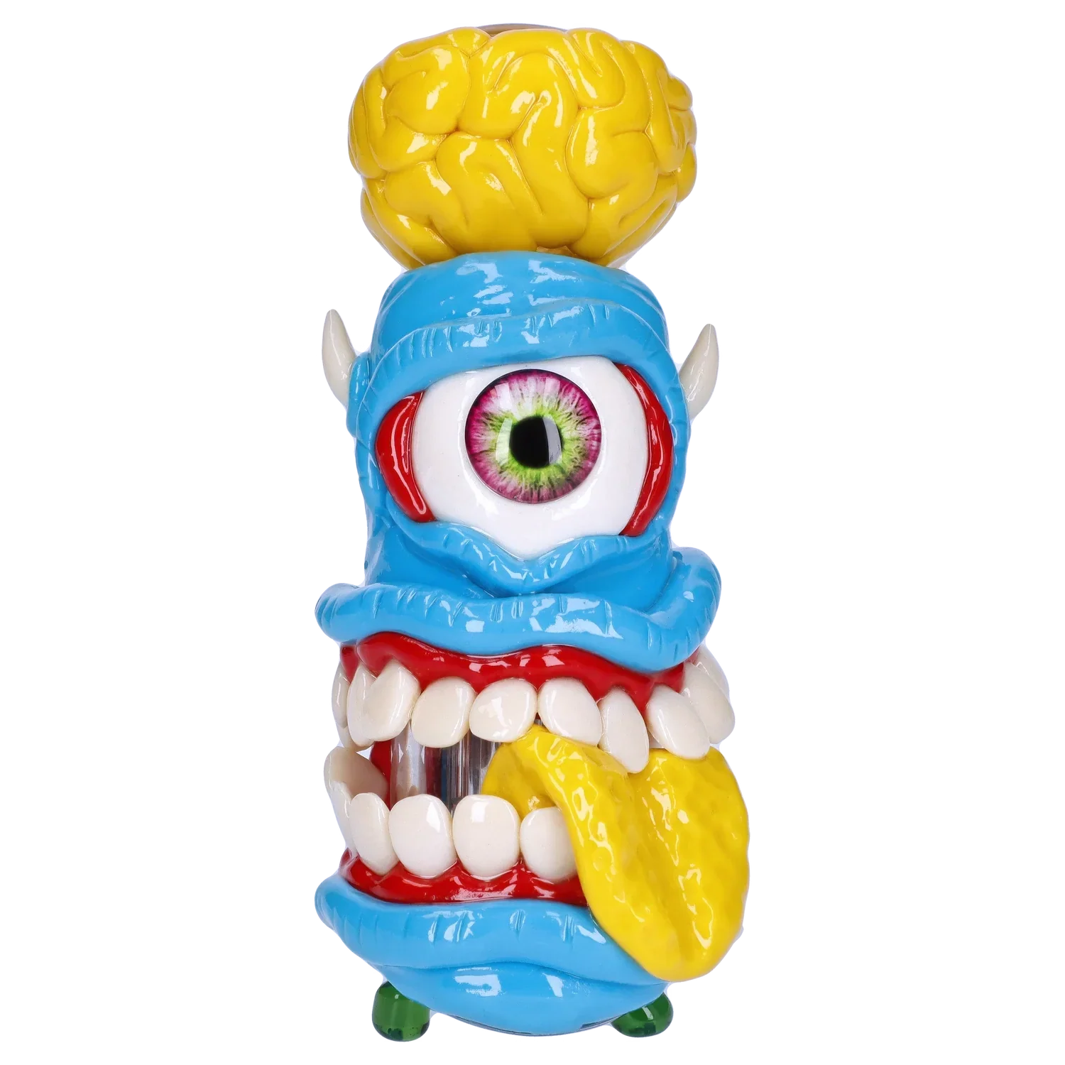 Front view of the Clay Monster Hammer Bubbler, a colorful glass piece with a whimsical, monster-like design.