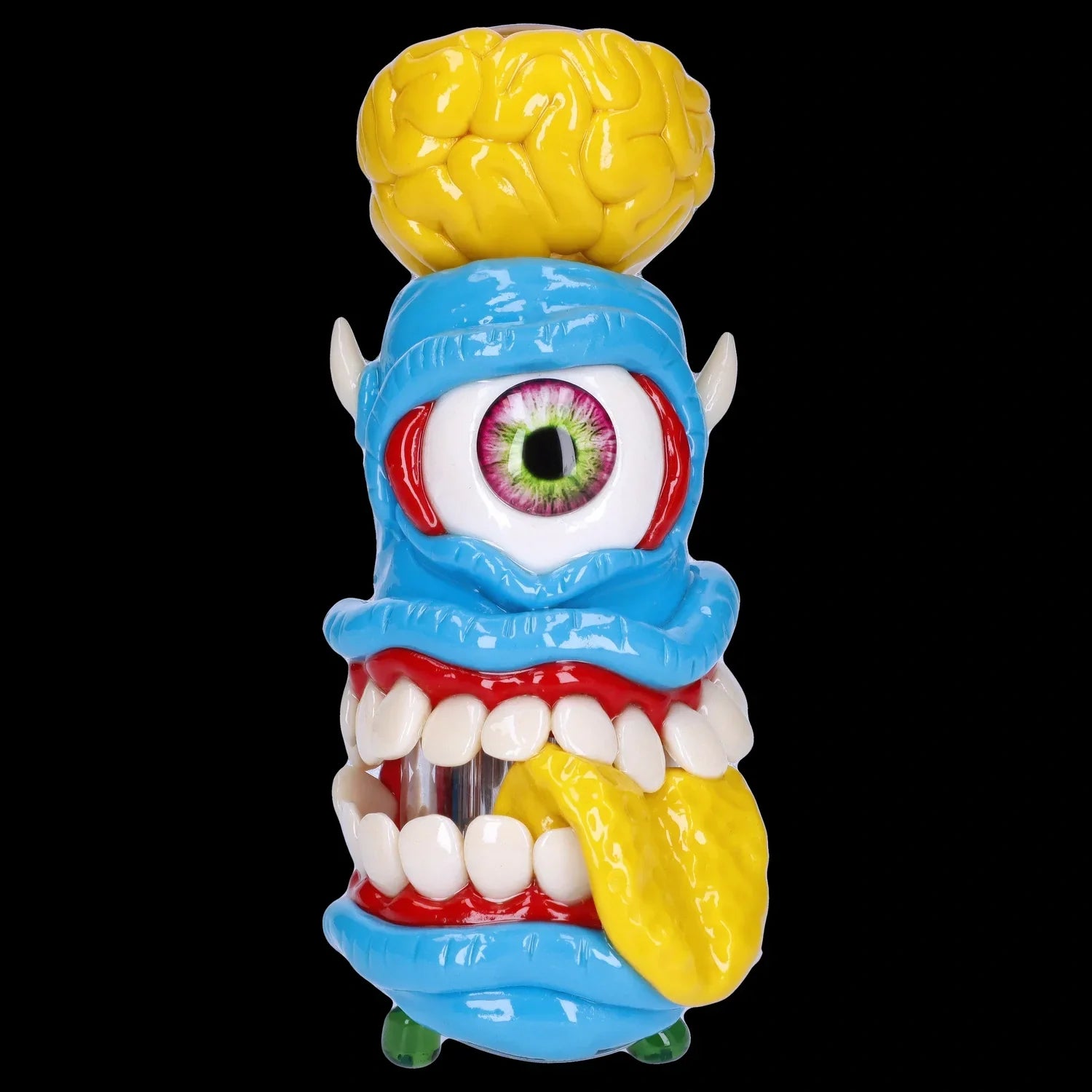 Front view of the Clay Monster Hammer Bubbler, a colorful glass piece shaped like a monster's head.